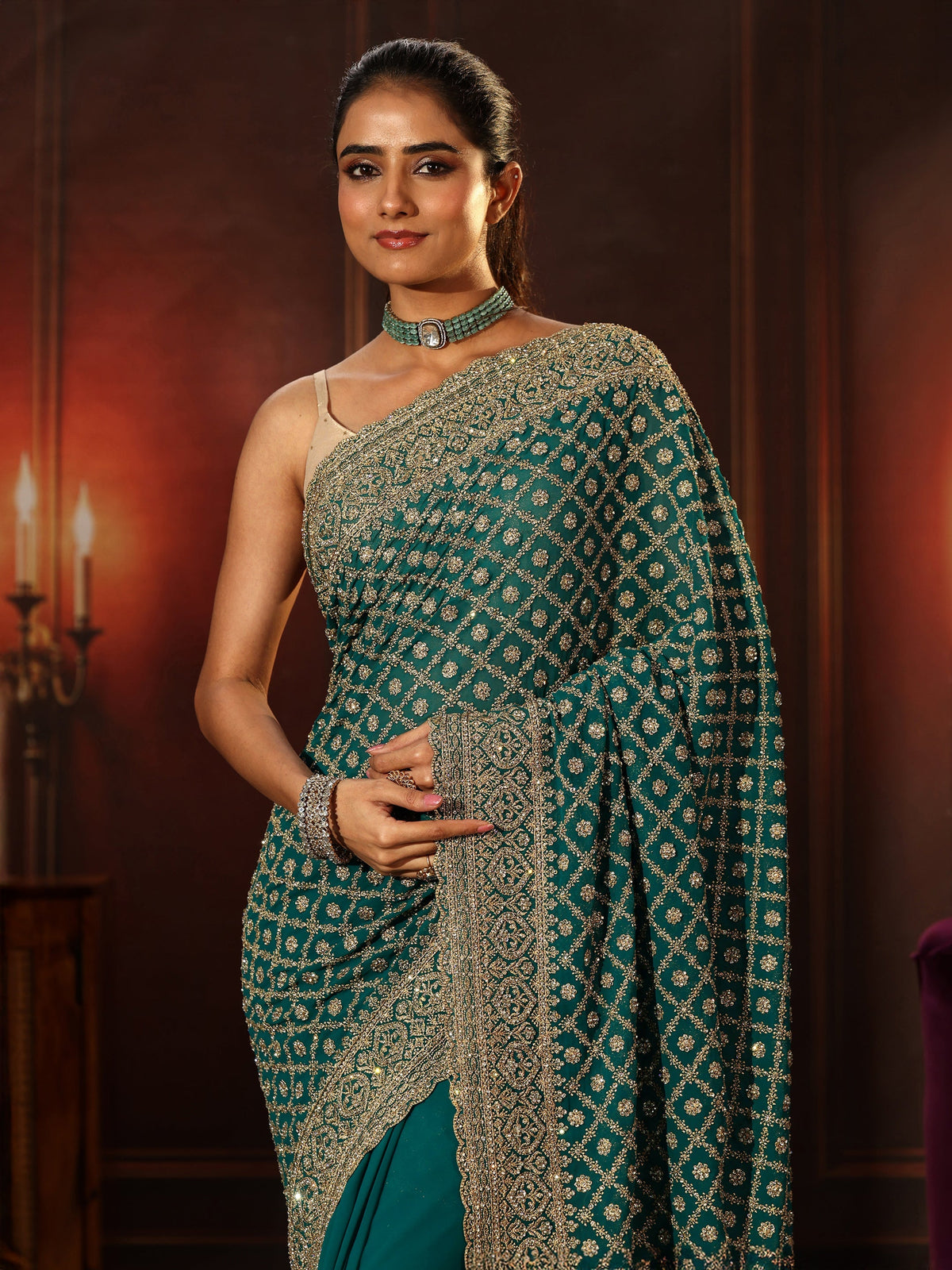 Anouk Art Teal Green Embellished Georgette Saree