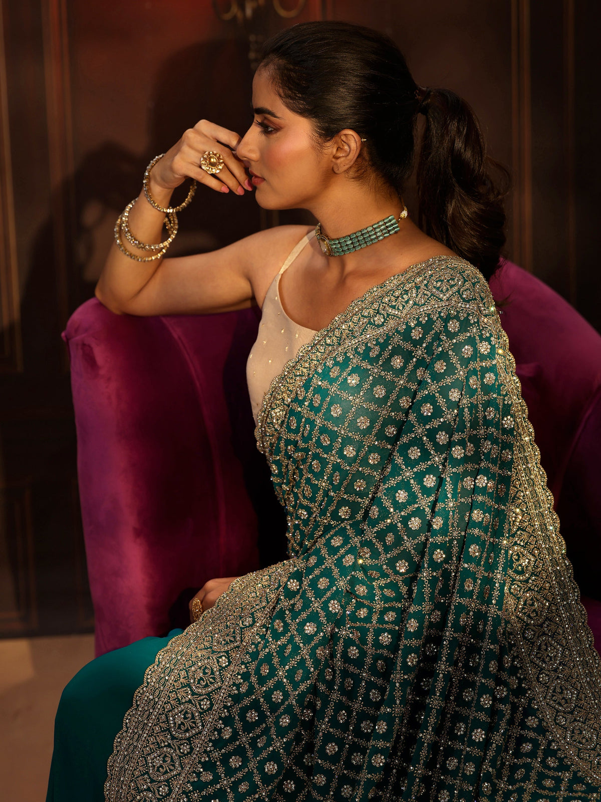 Anouk Art Teal Green Embellished Georgette Saree