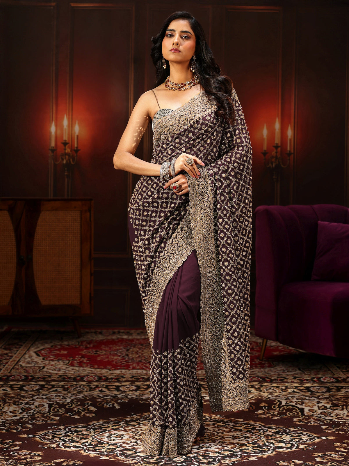 Anouk Art Maroon Embellished Georgette Saree