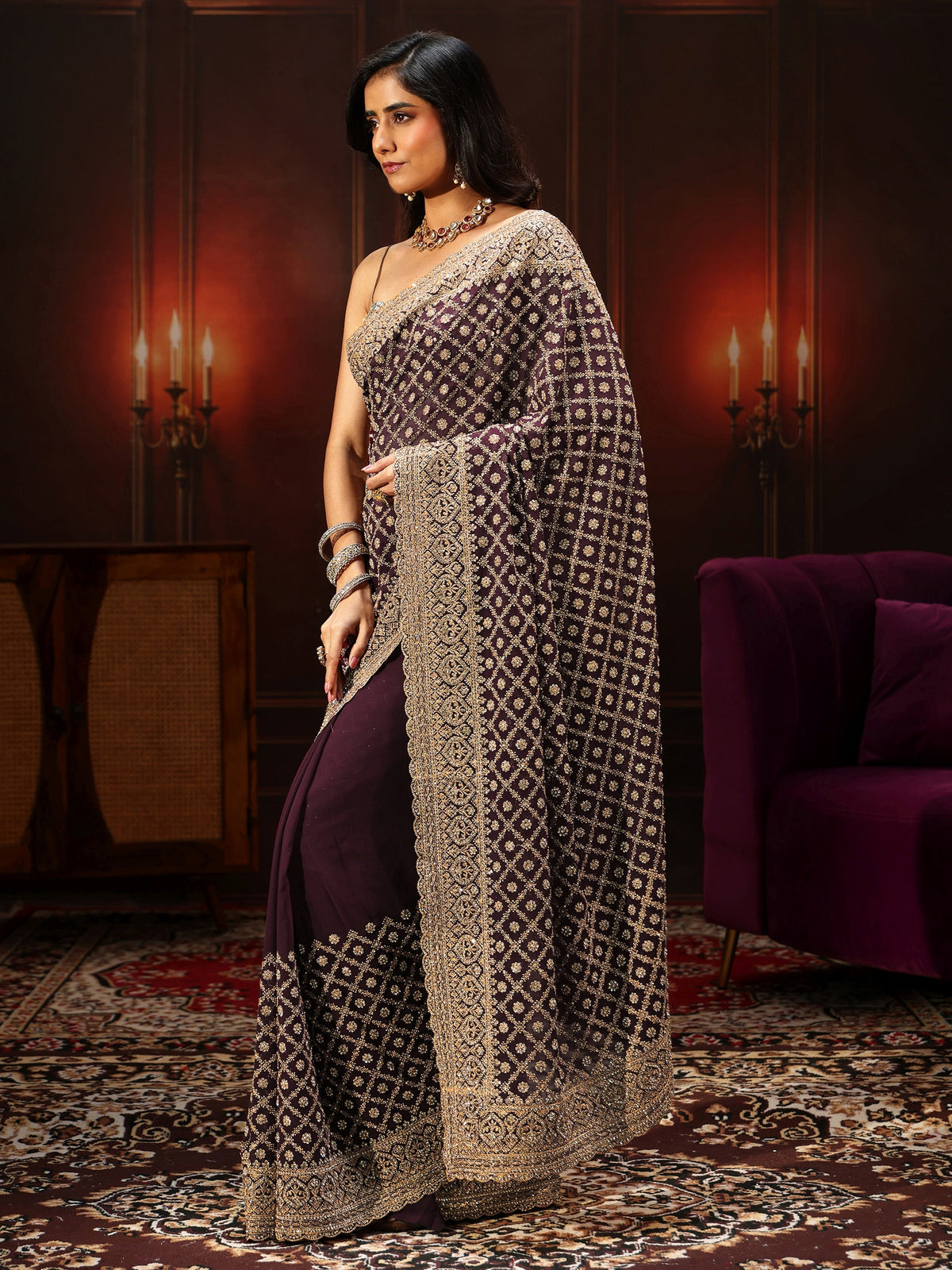 Anouk Art Maroon Embellished Georgette Saree