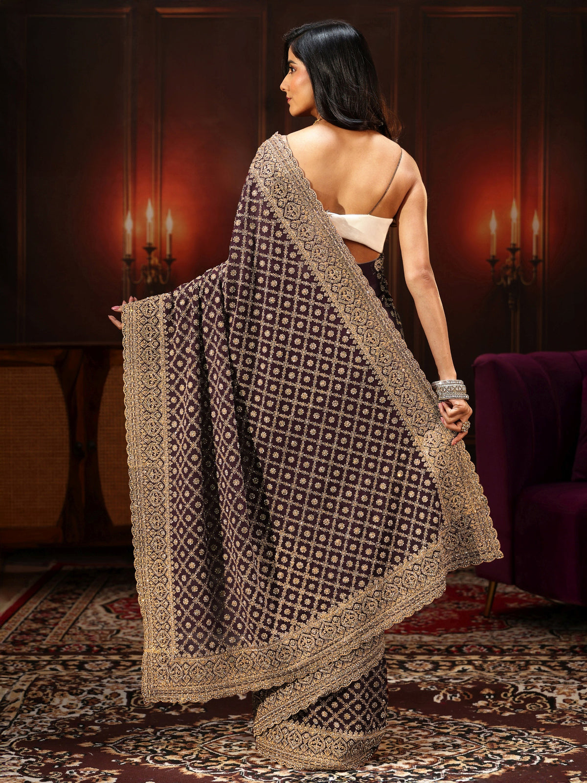 Anouk Art Maroon Embellished Georgette Saree