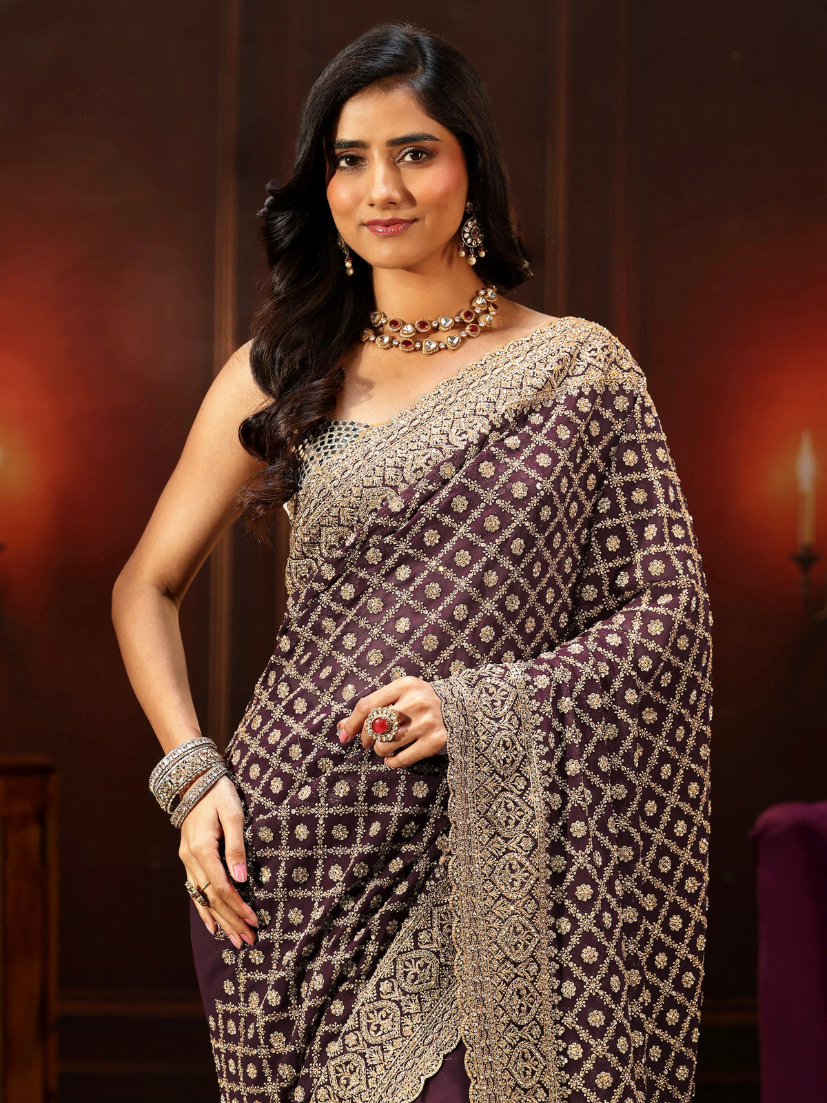 Anouk Art Maroon Embellished Georgette Saree