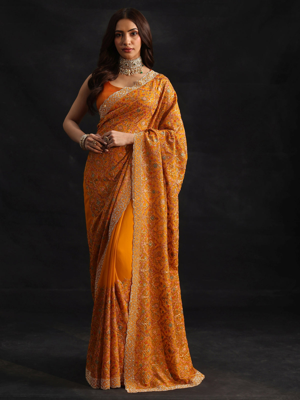 Anouk Art Mustard Floral Embellished Georgette Saree