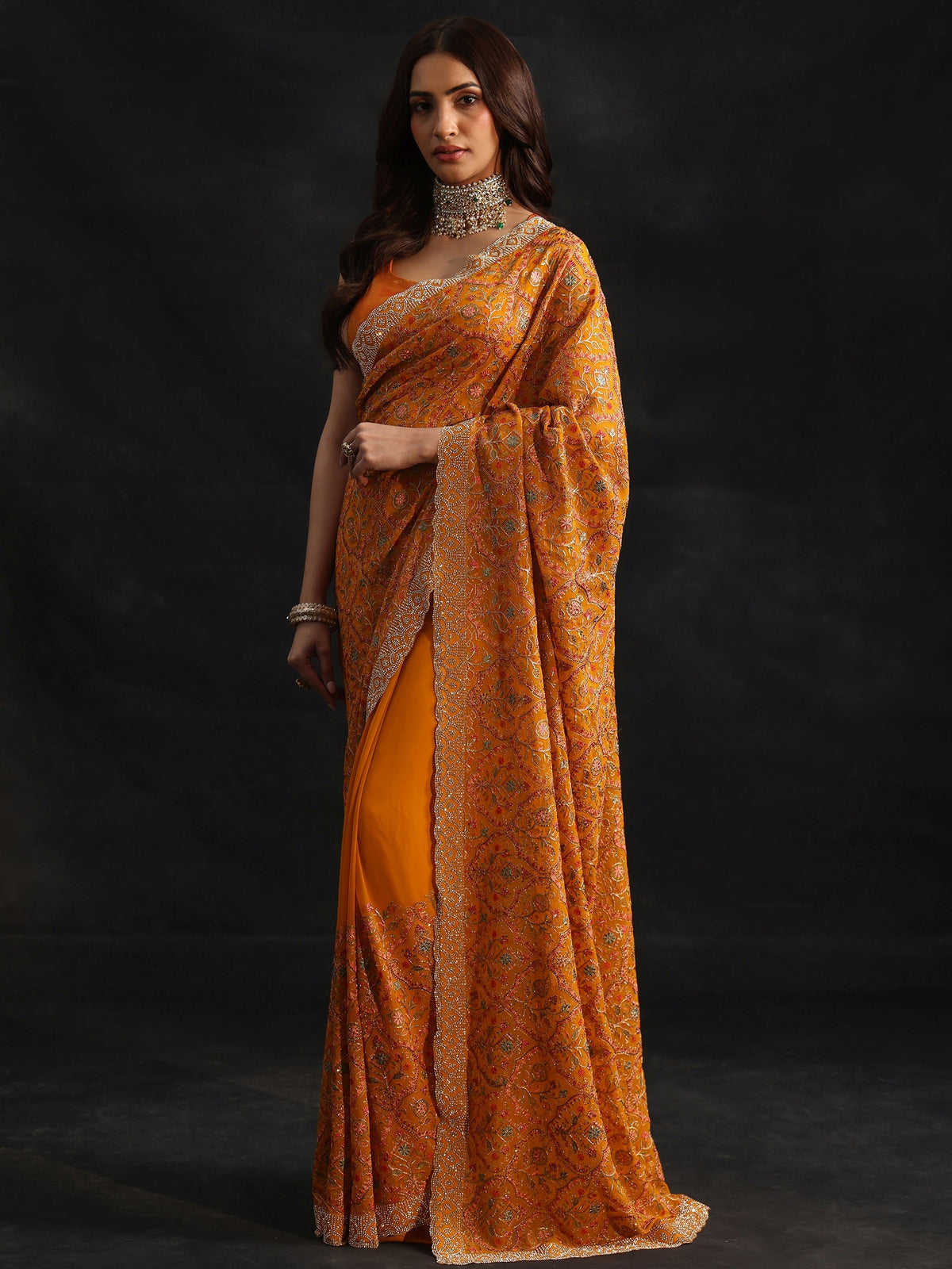 Anouk Art Mustard Floral Embellished Georgette Saree