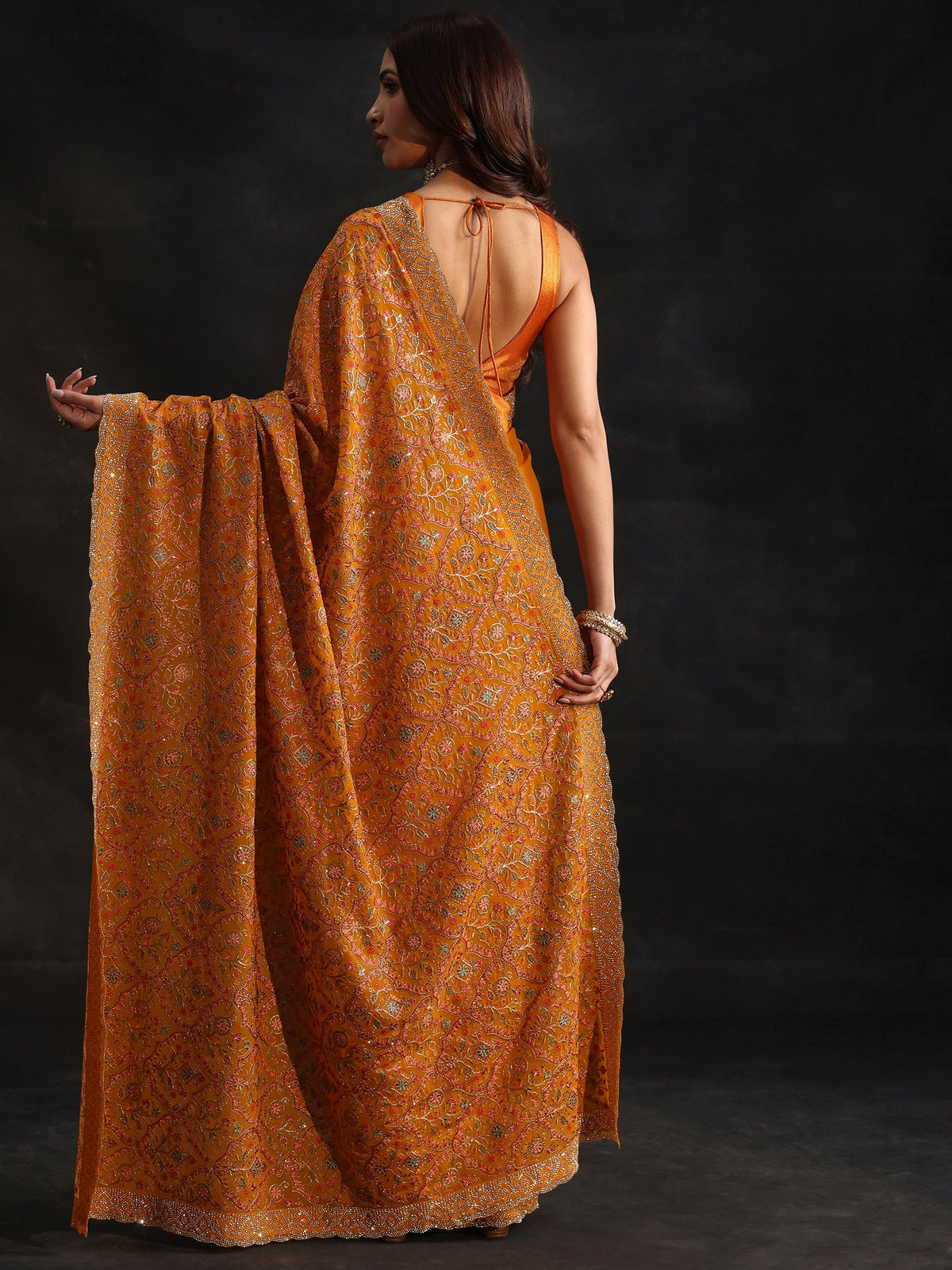 Anouk Art Mustard Floral Embellished Georgette Saree
