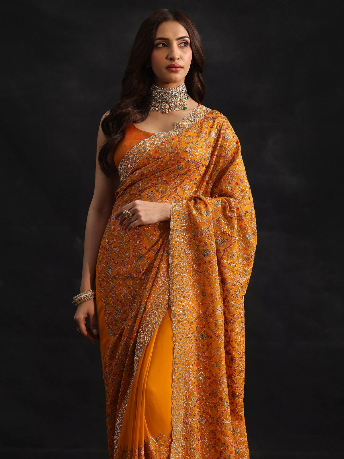 Anouk Art Mustard Floral Embellished Georgette Saree