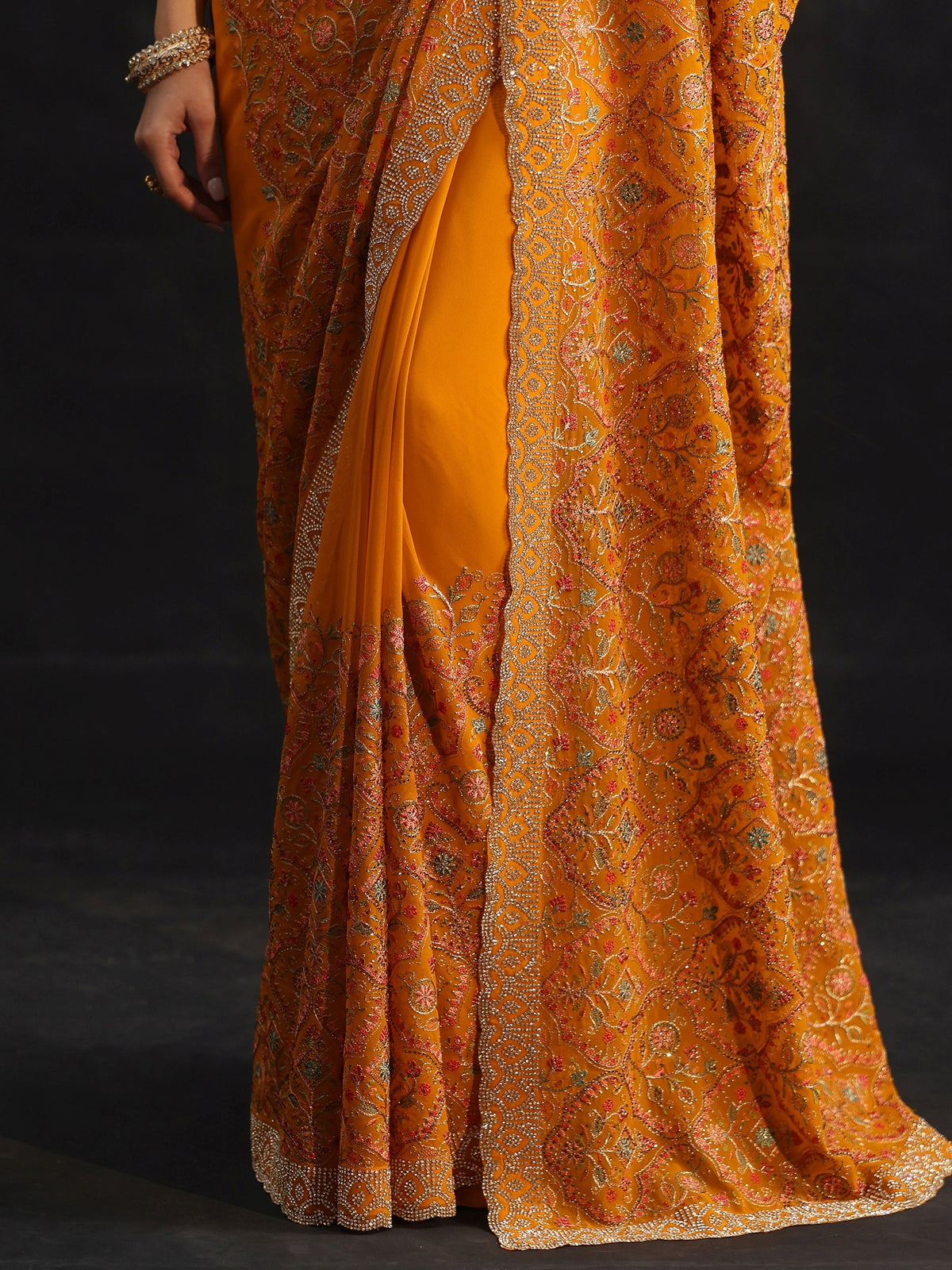 Anouk Art Mustard Floral Embellished Georgette Saree