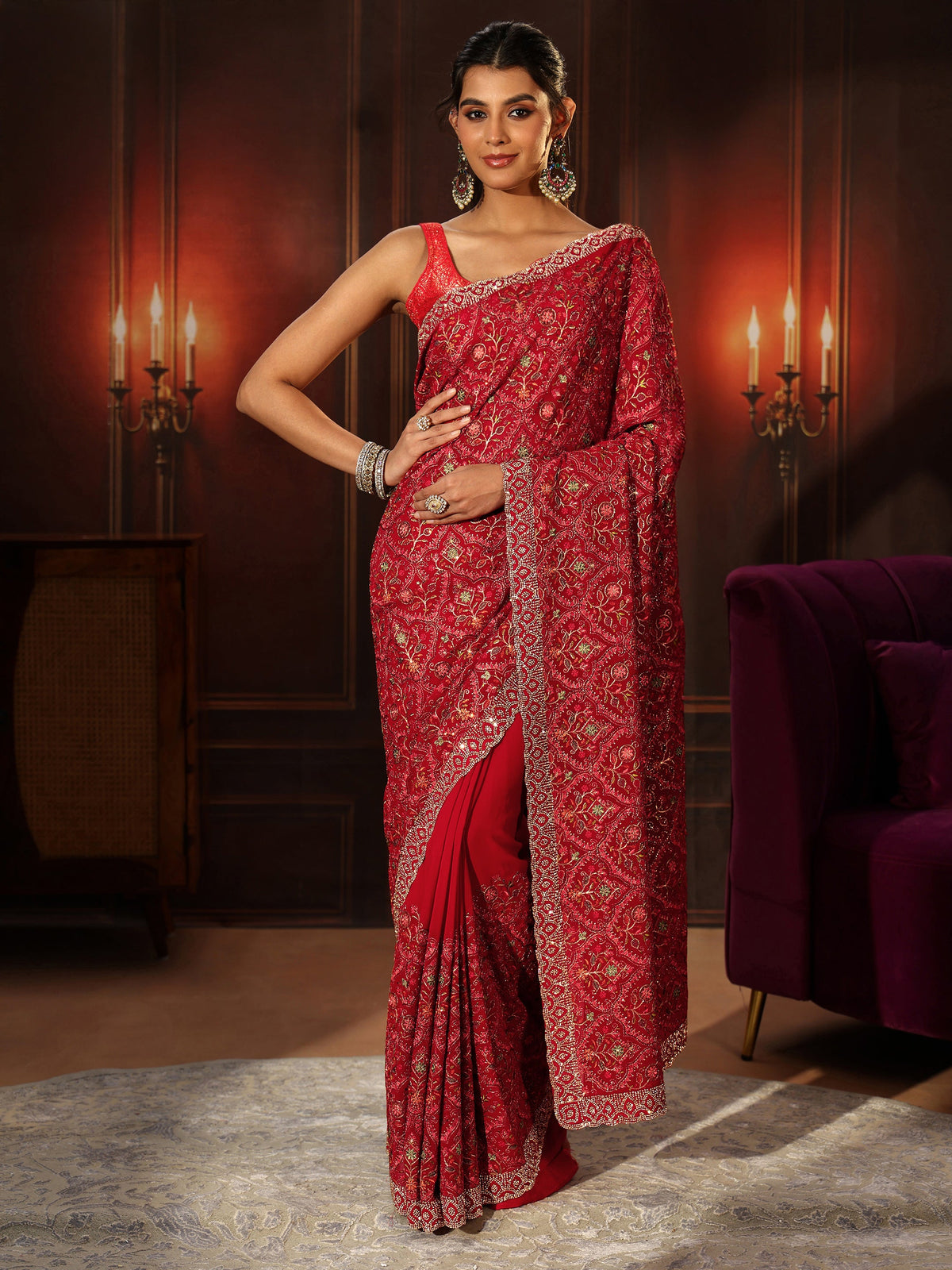 Anouk Art Crimson Red Floral Embroidered Georgette Saree