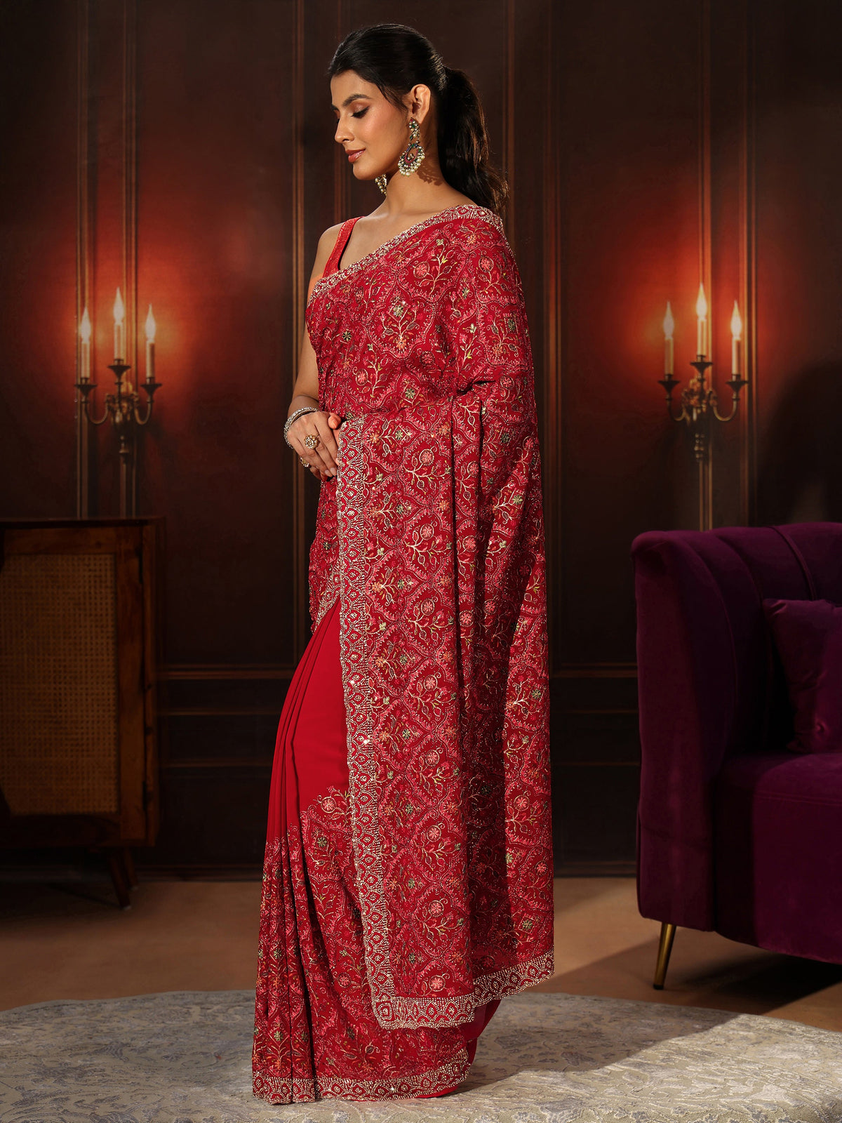 Anouk Art Crimson Red Floral Embroidered Georgette Saree