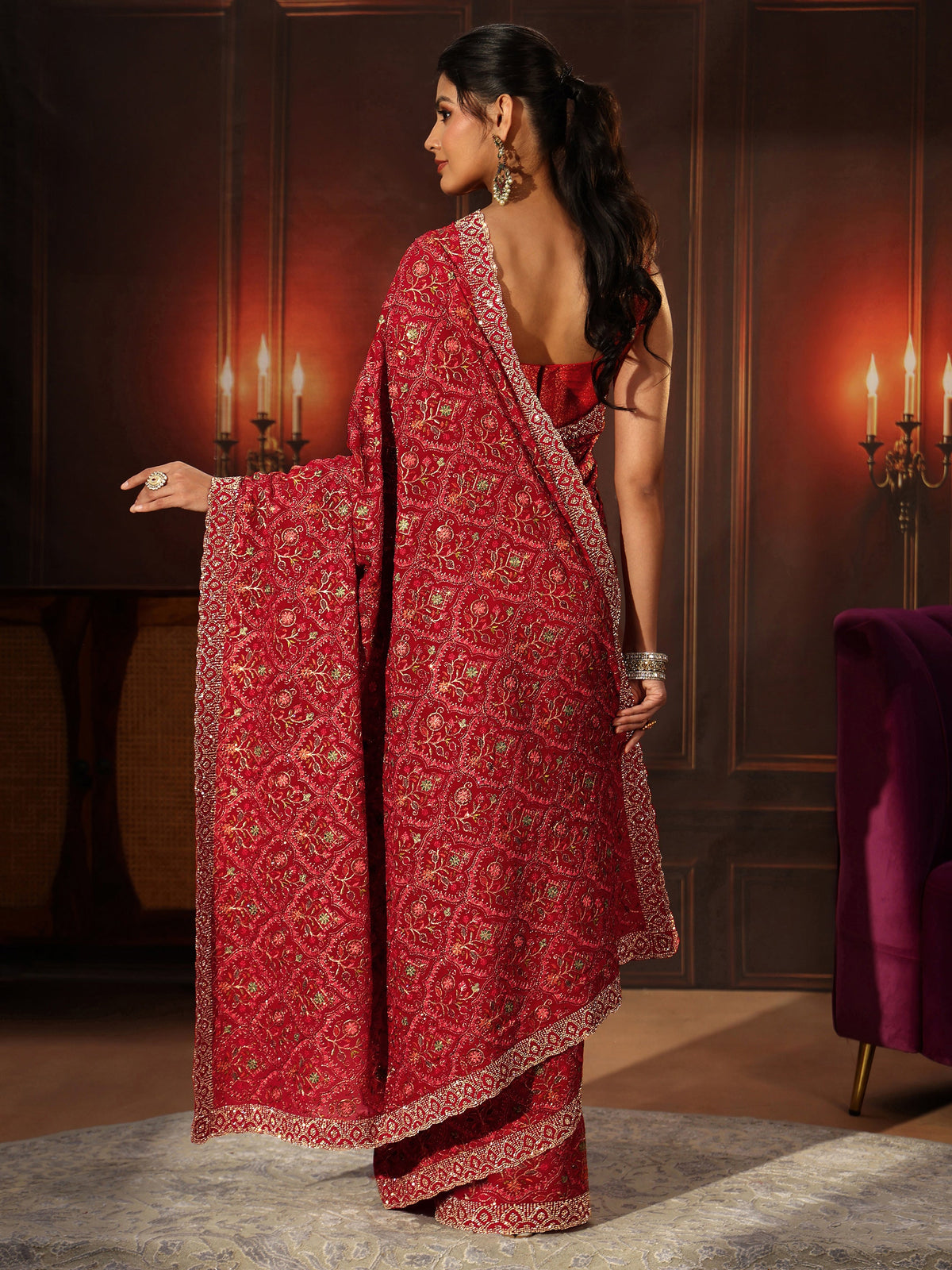Anouk Art Crimson Red Floral Embroidered Georgette Saree