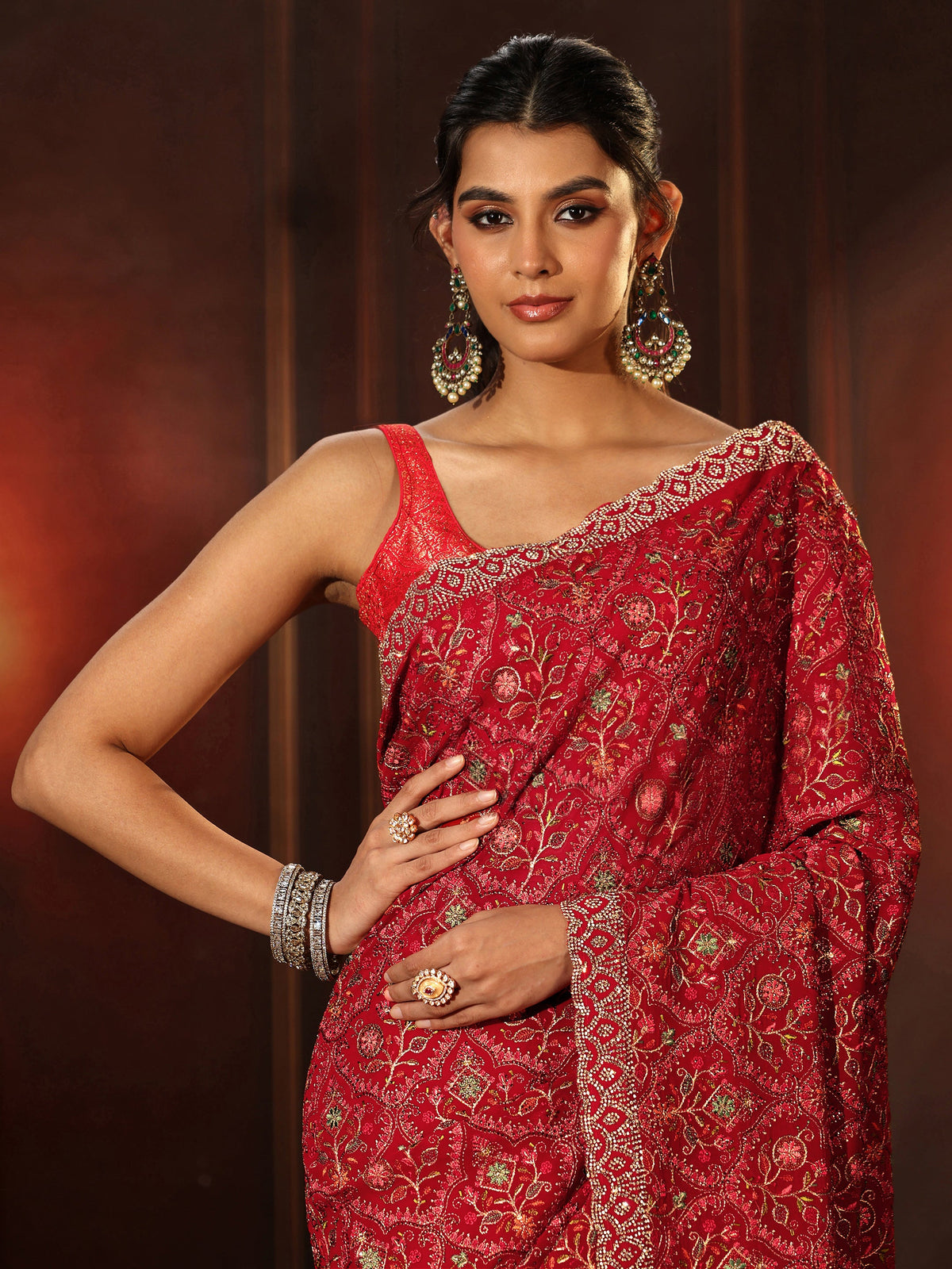 Anouk Art Crimson Red Floral Embroidered Georgette Saree