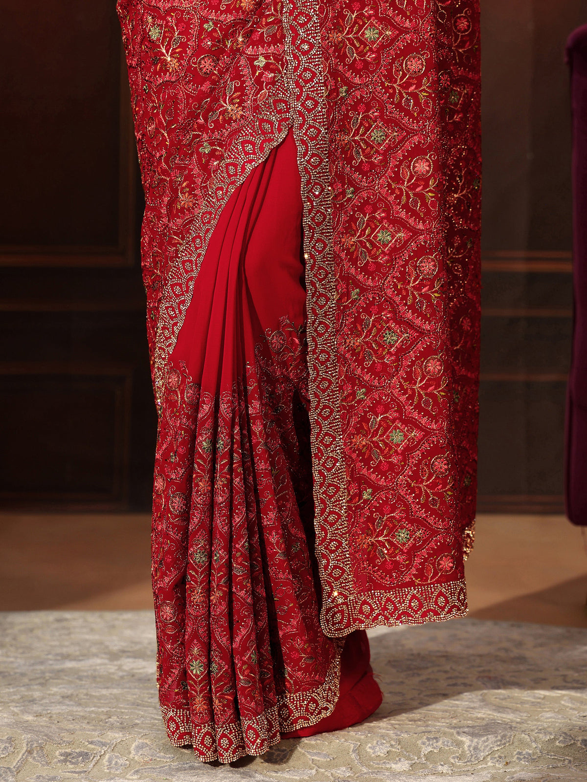 Anouk Art Crimson Red Floral Embroidered Georgette Saree