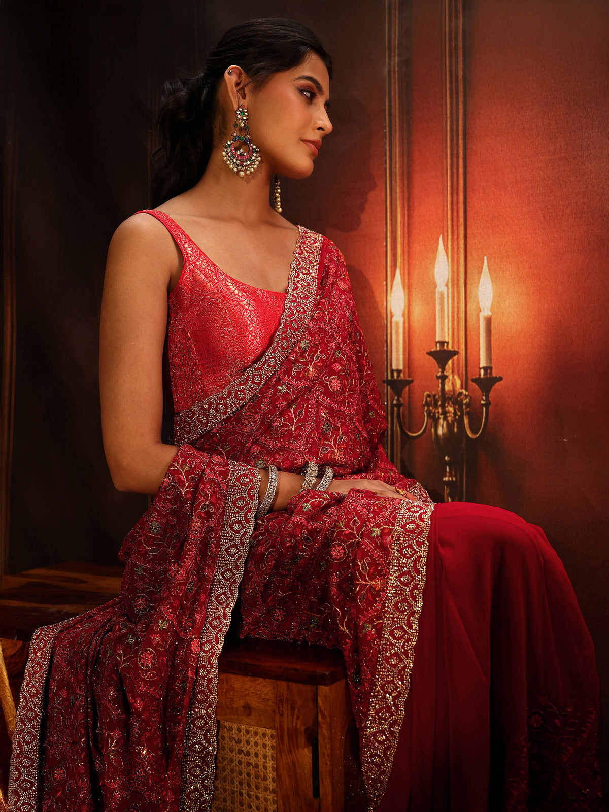 Anouk Art Crimson Red Floral Embroidered Georgette Saree