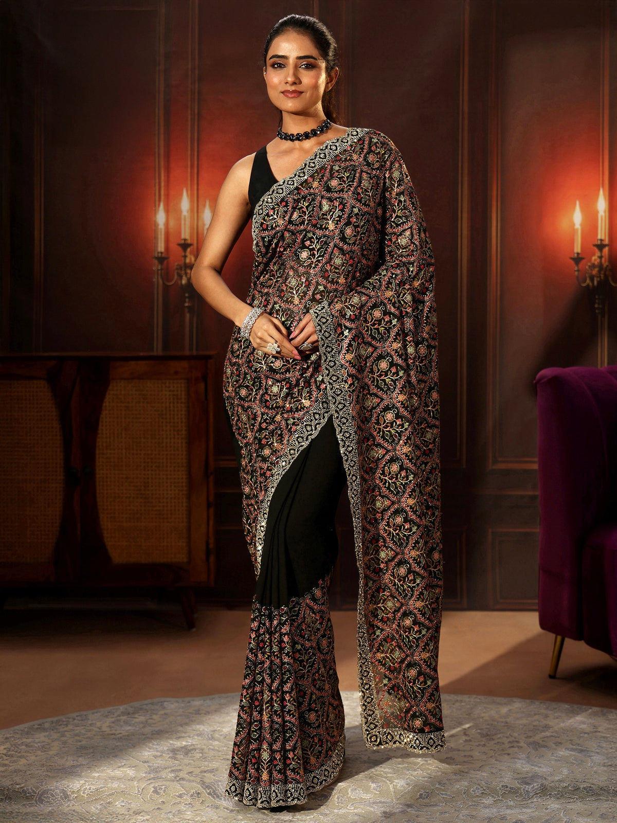 Anouk Art Black Floral Embroidered Georgette Saree