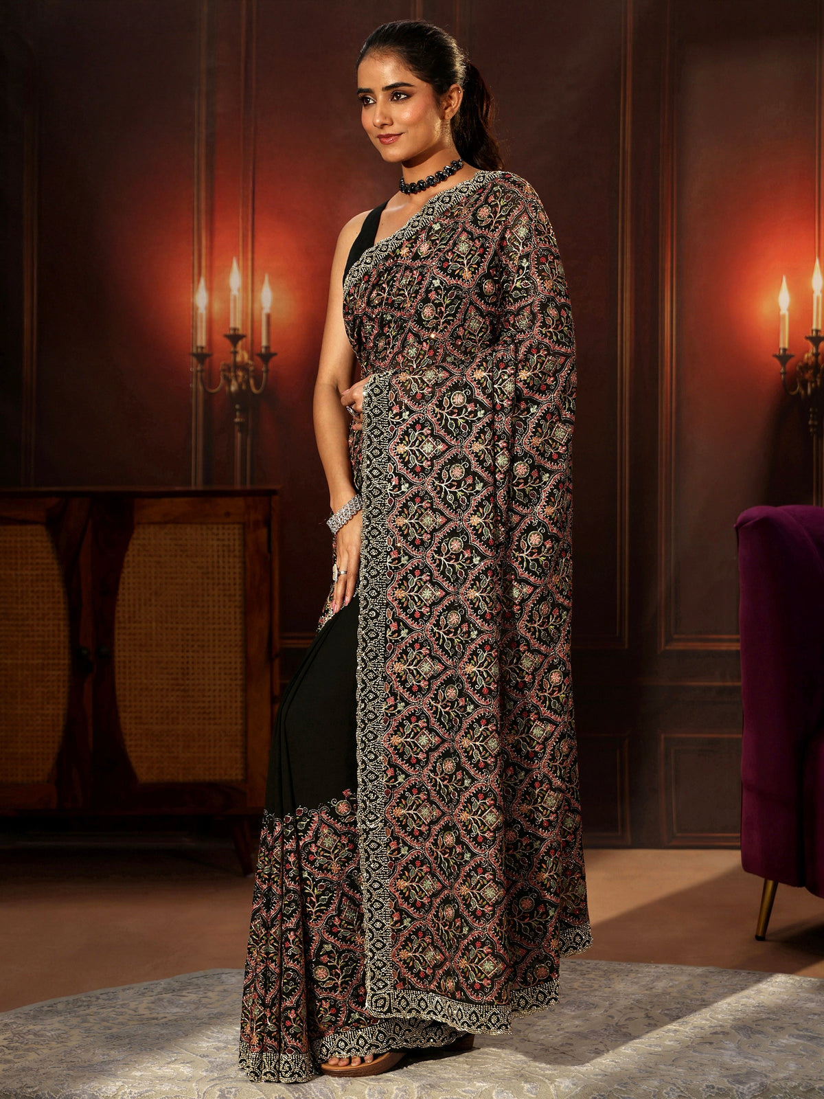 Anouk Art Black Floral Embroidered Georgette Saree