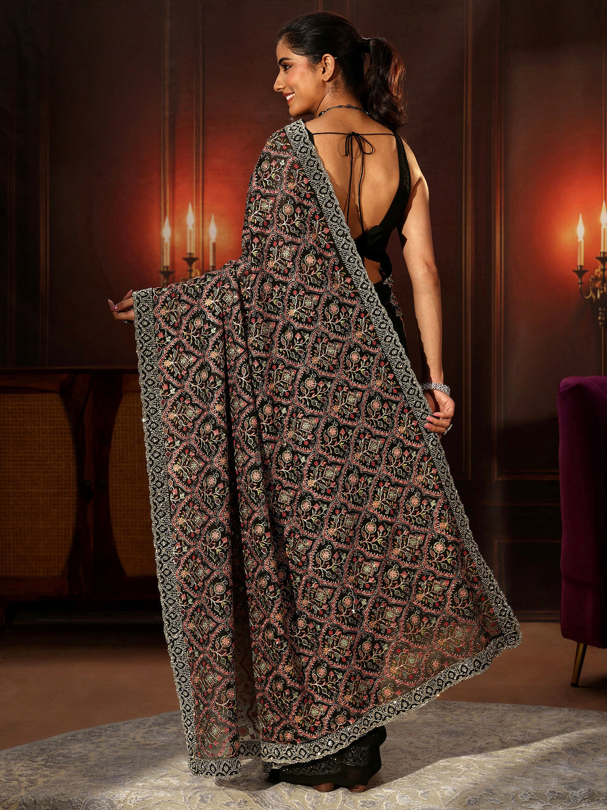 Anouk Art Black Floral Embroidered Georgette Saree
