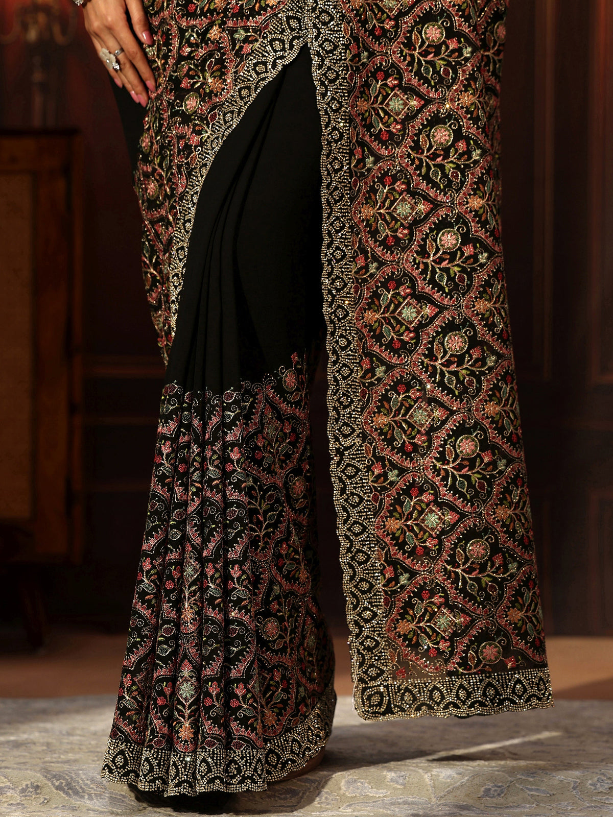 Anouk Art Black Floral Embroidered Georgette Saree