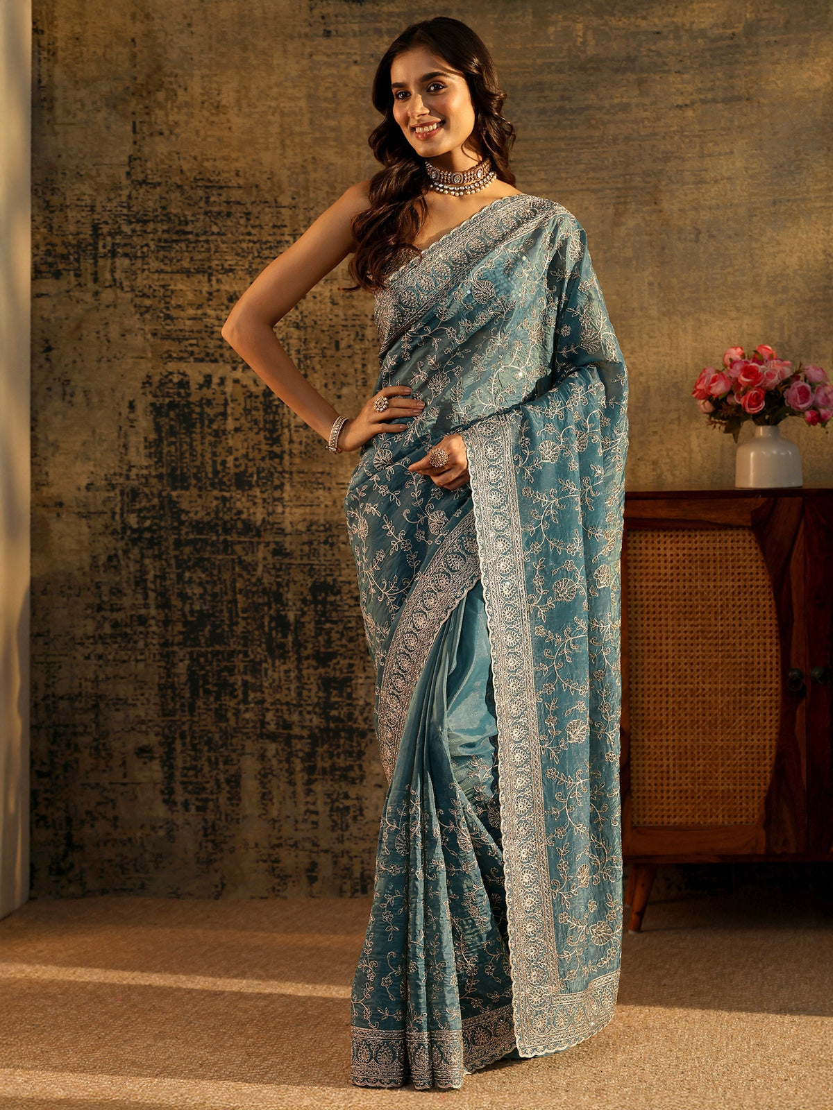 Anouk Art Dusty Blue Floral Embroidered Satin Saree