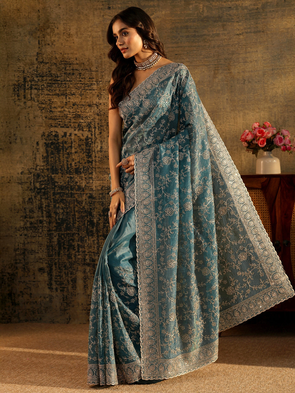 Anouk Art Dusty Blue Floral Embroidered Satin Saree