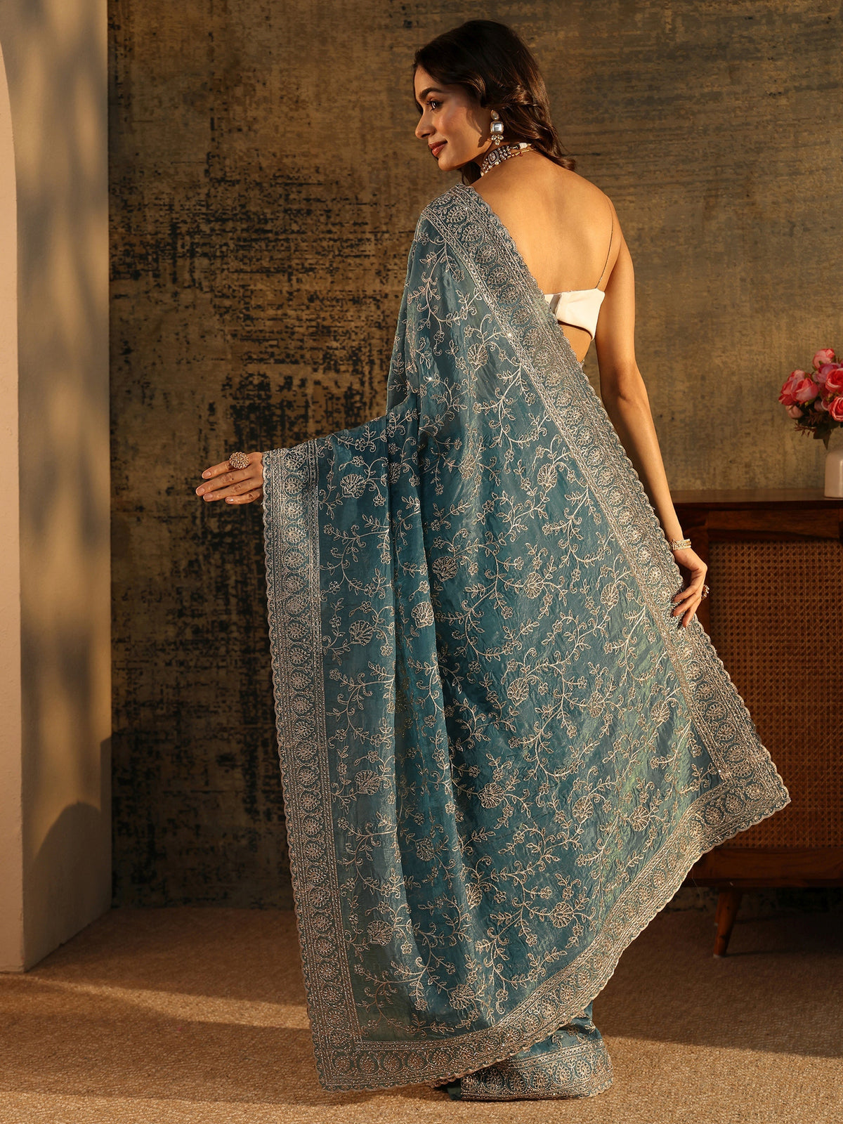 Anouk Art Dusty Blue Floral Embroidered Satin Saree