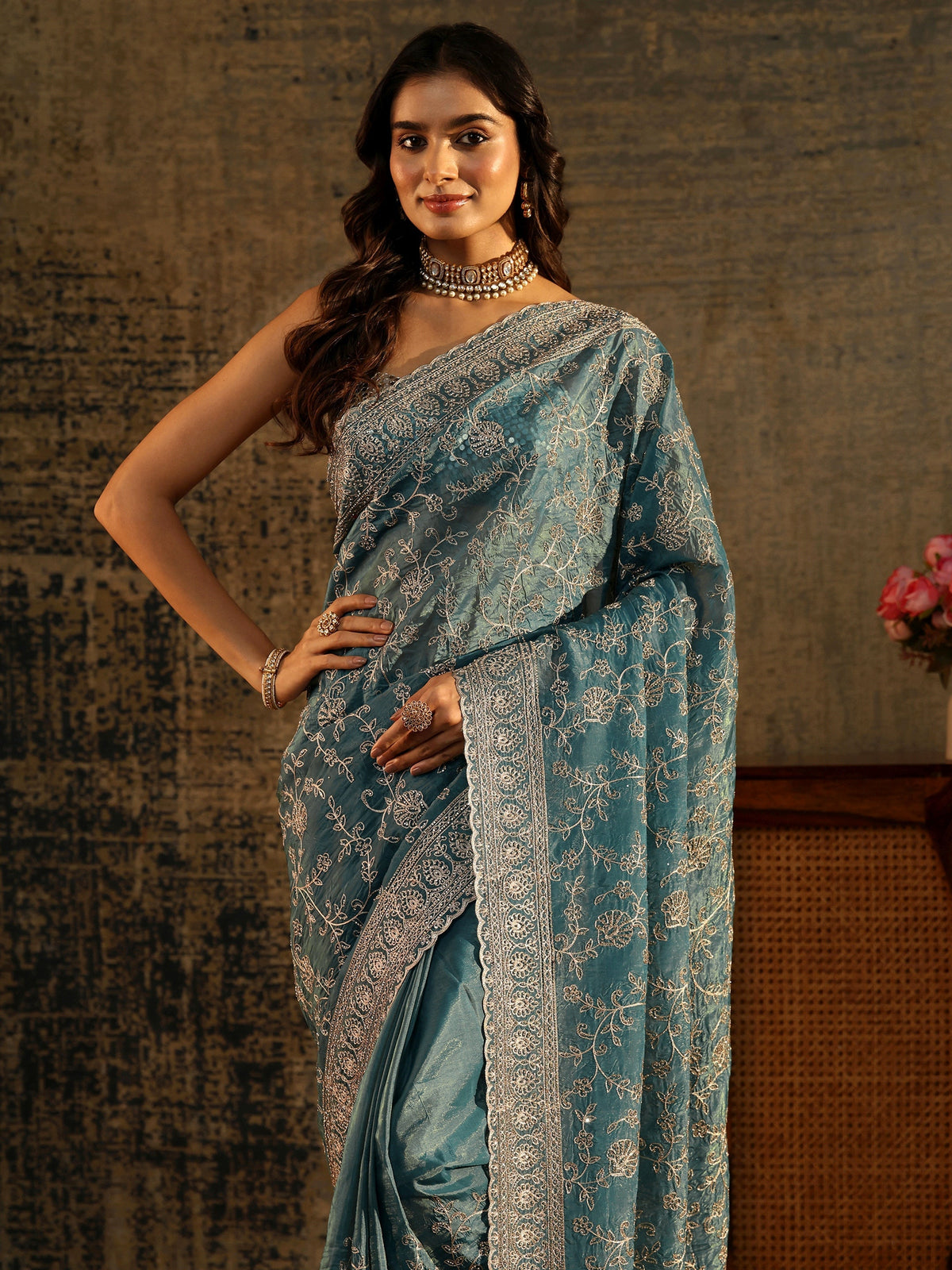 Anouk Art Dusty Blue Floral Embroidered Satin Saree