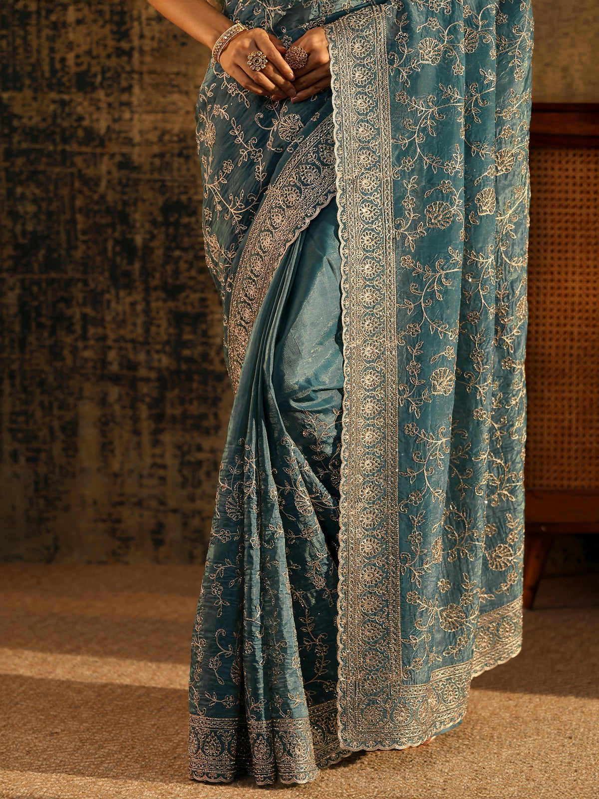 Anouk Art Dusty Blue Floral Embroidered Satin Saree