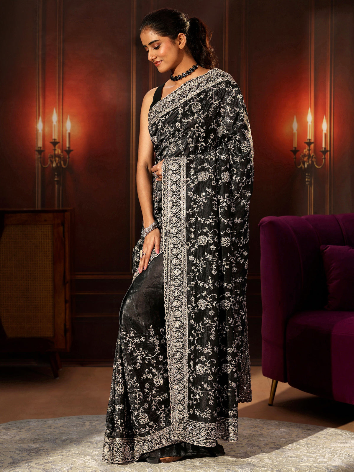 Anouk Art Black Floral Embroidered Satin Saree