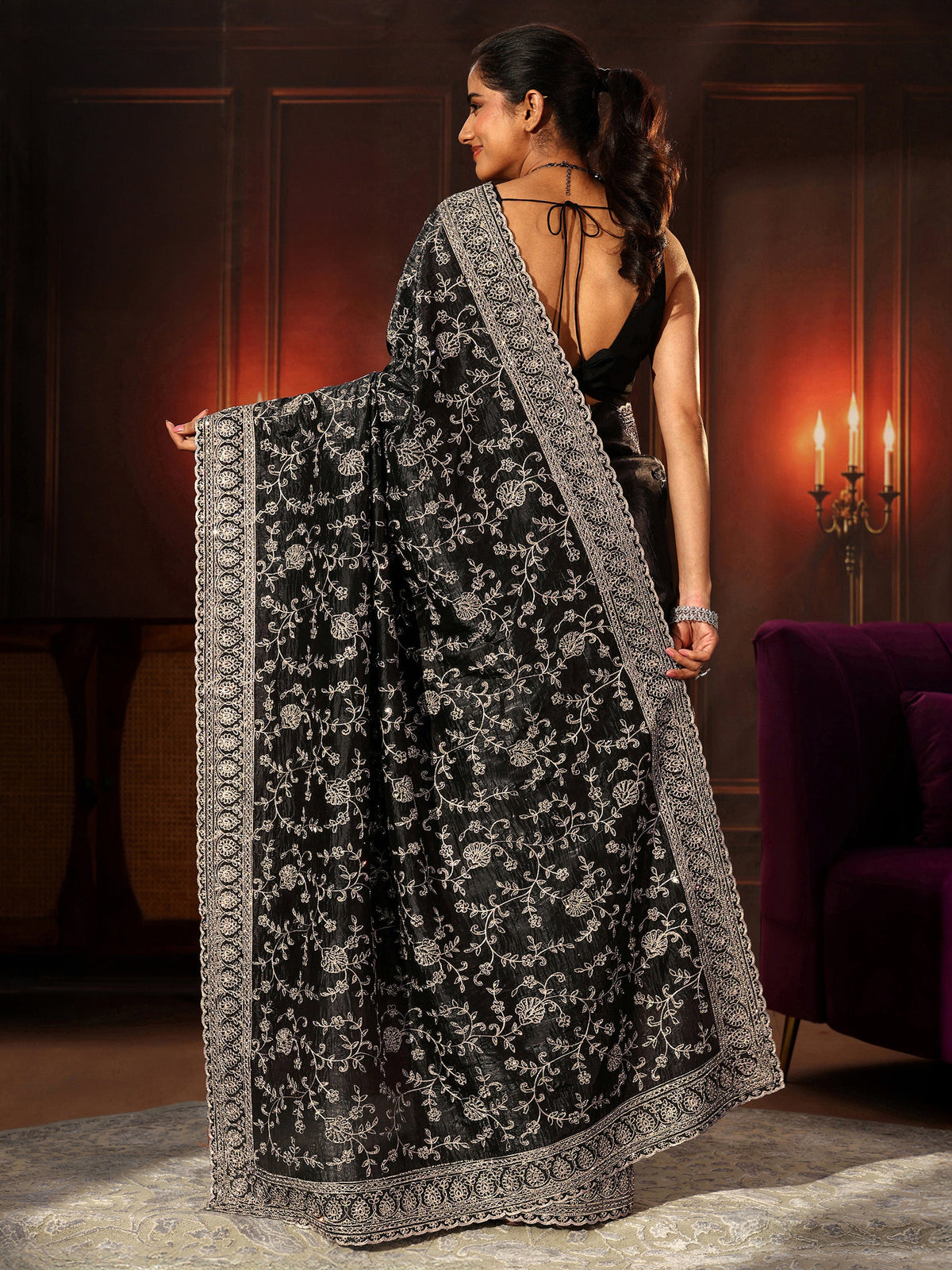 Anouk Art Black Floral Embroidered Satin Saree