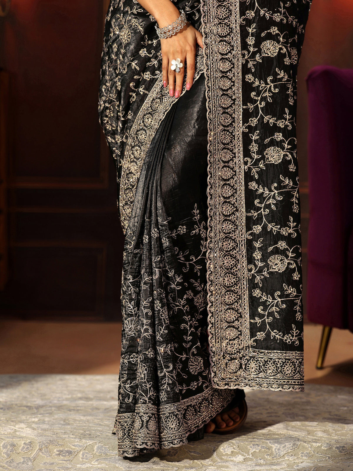 Anouk Art Black Floral Embroidered Satin Saree
