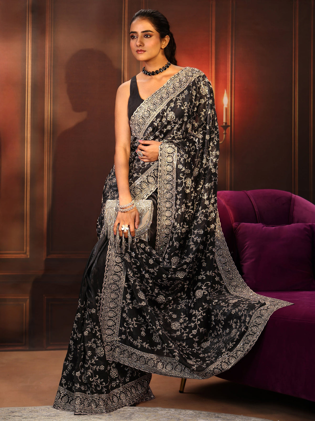 Anouk Art Black Floral Embroidered Satin Saree