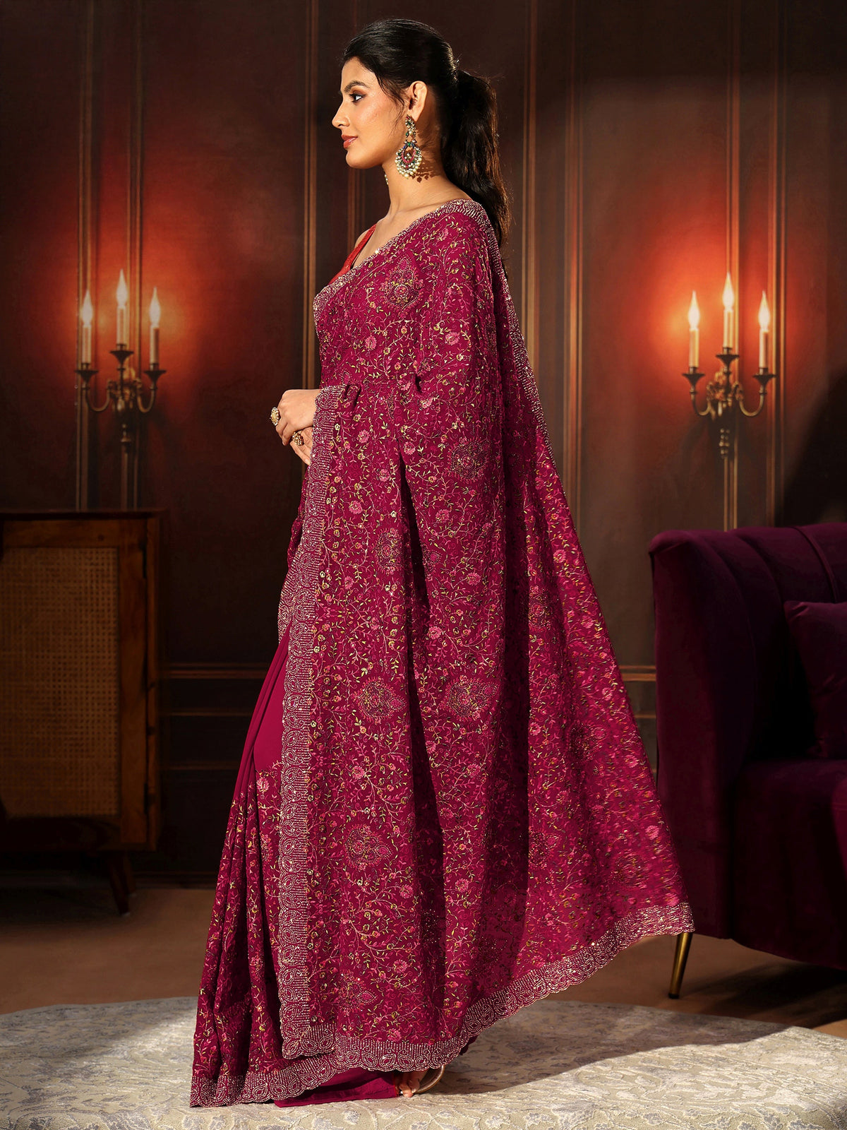 Anouk Art Magenta Pink Floral Embroidered Georgette Saree