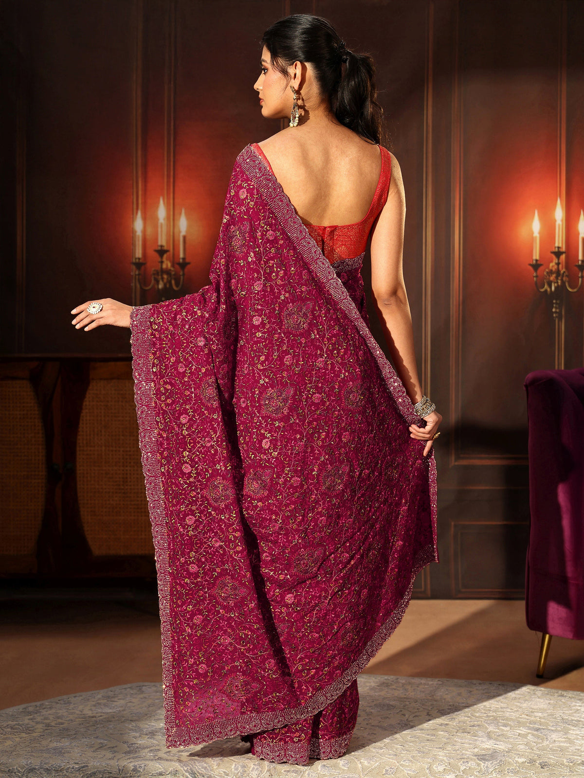 Anouk Art Magenta Pink Floral Embroidered Georgette Saree