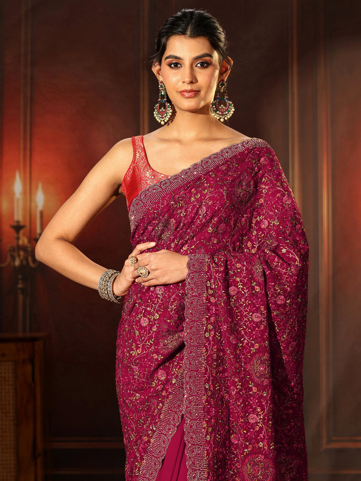 Anouk Art Magenta Pink Floral Embroidered Georgette Saree