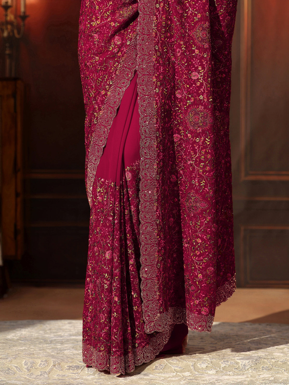 Anouk Art Magenta Pink Floral Embroidered Georgette Saree