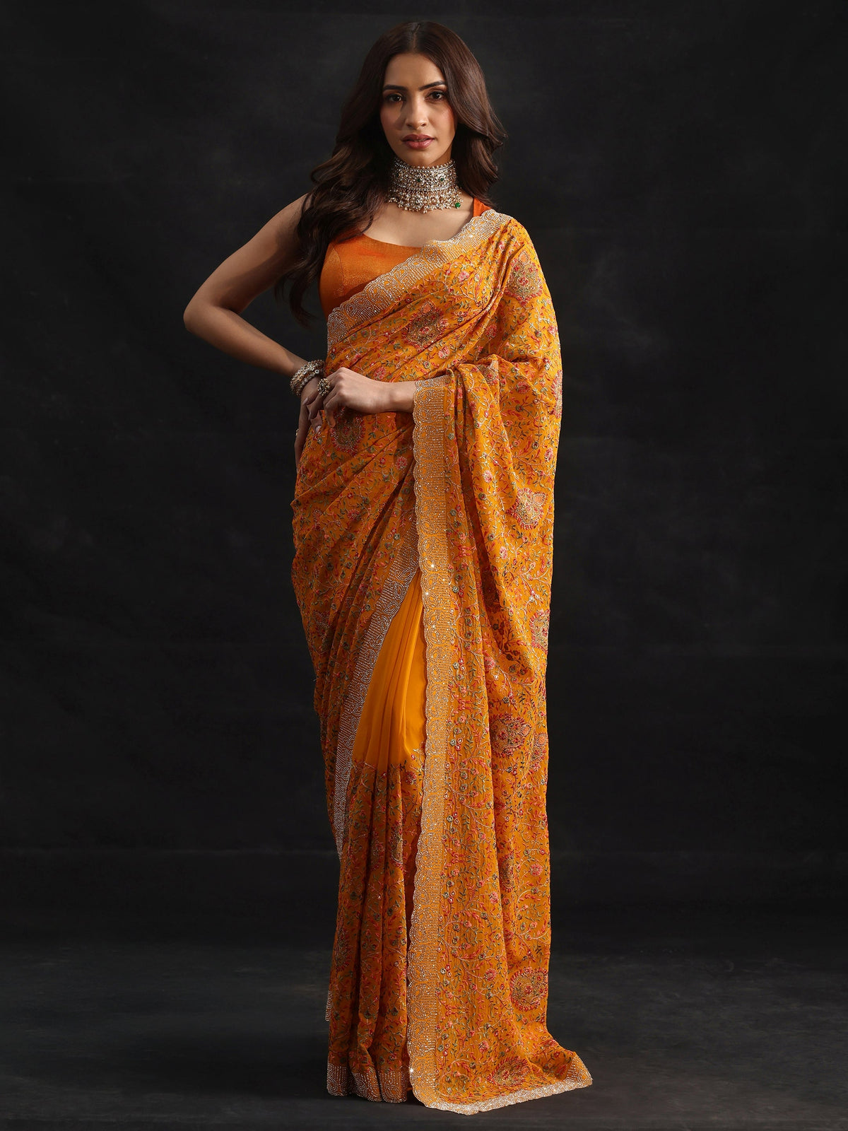 Anouk Art Mustard Floral Embellished Georgette Saree