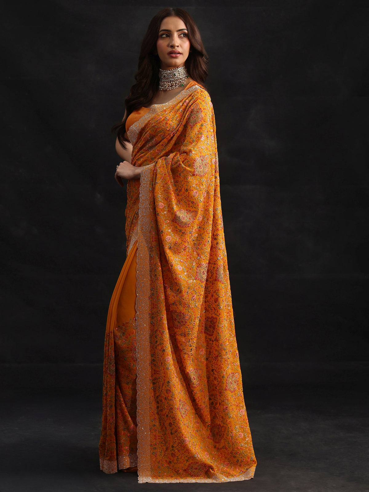 Anouk Art Mustard Floral Embellished Georgette Saree