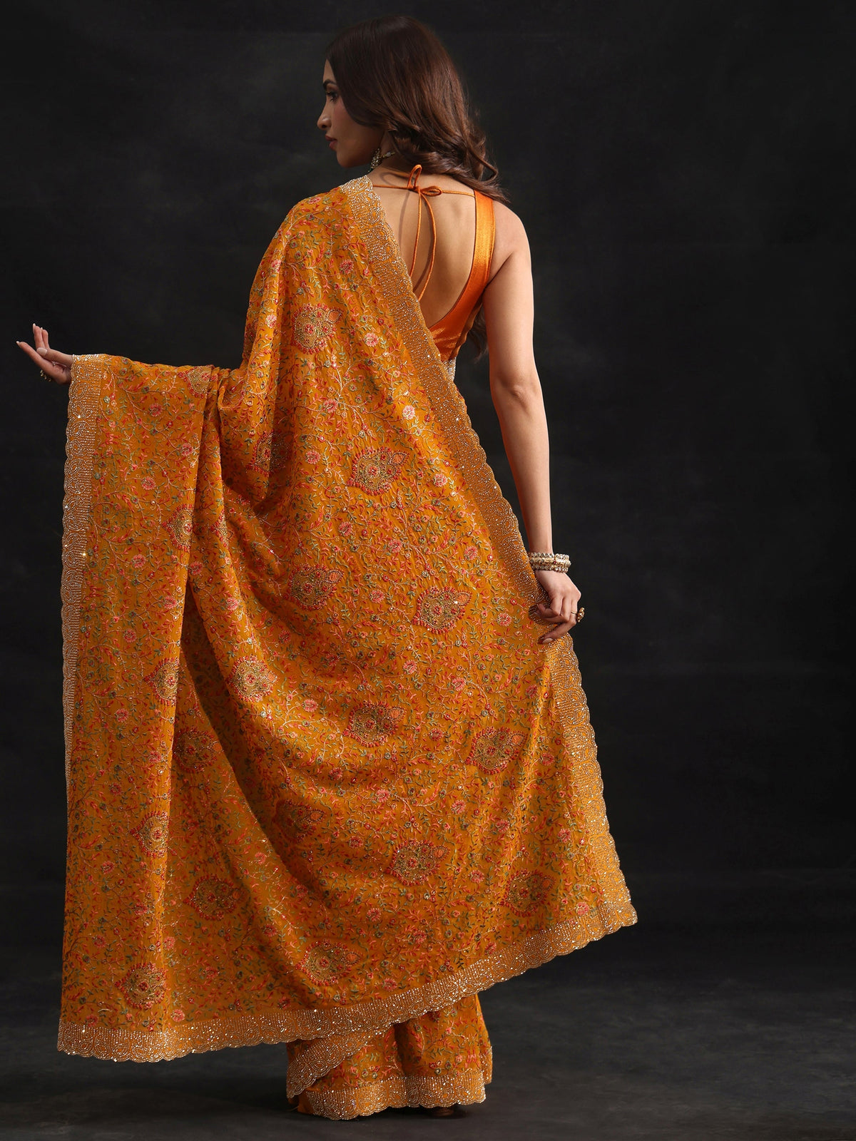 Anouk Art Mustard Floral Embellished Georgette Saree