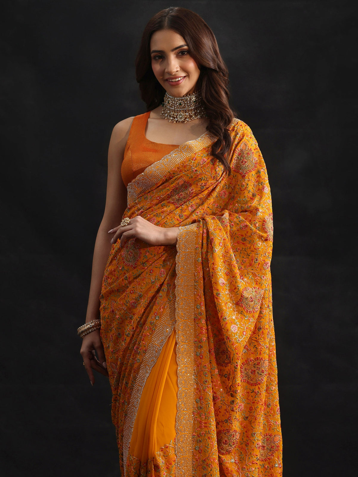 Anouk Art Mustard Floral Embellished Georgette Saree