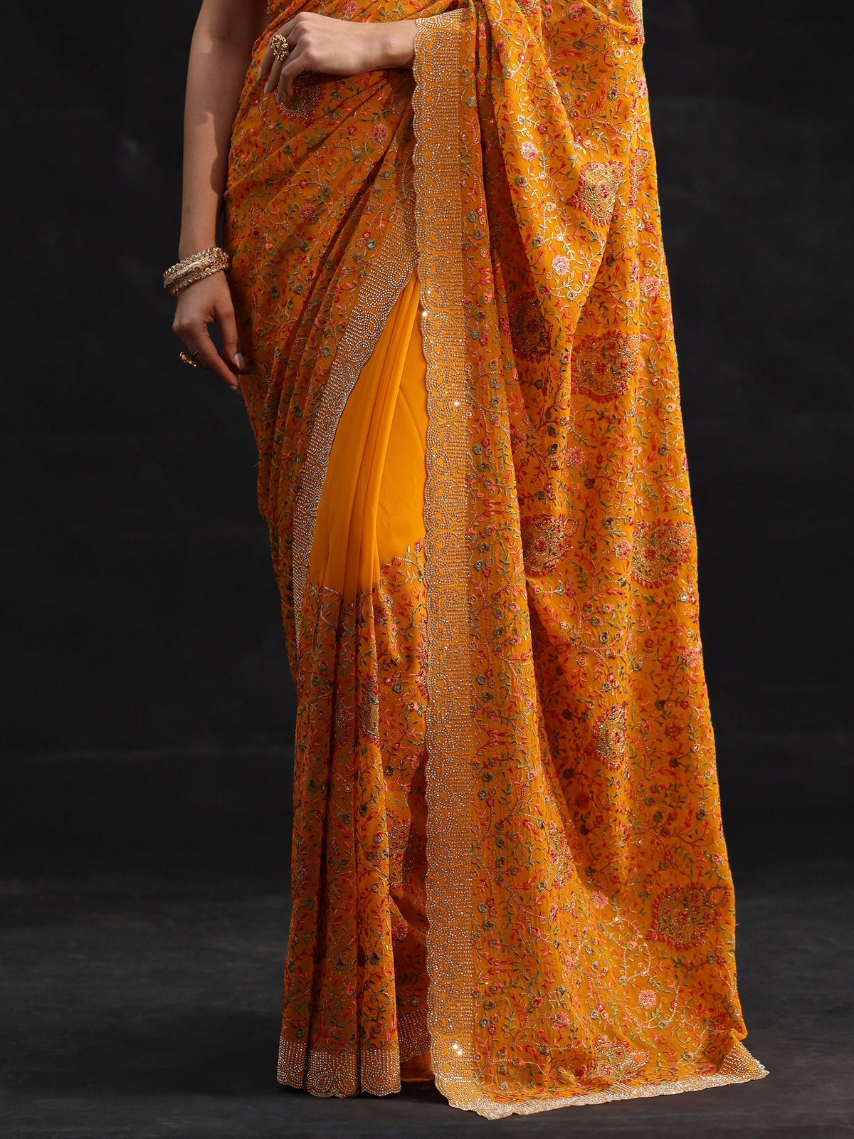 Anouk Art Mustard Floral Embellished Georgette Saree