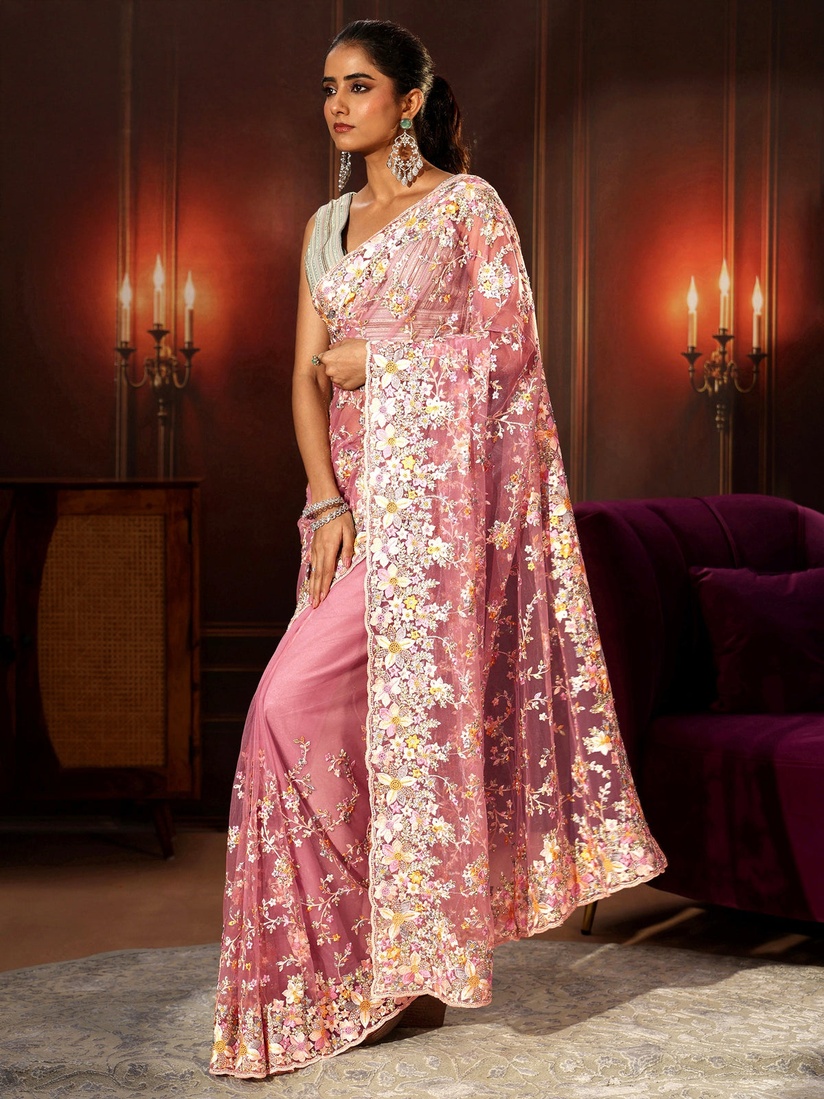 Anouk Art Rose Pink Floral Embroidered Net Saree