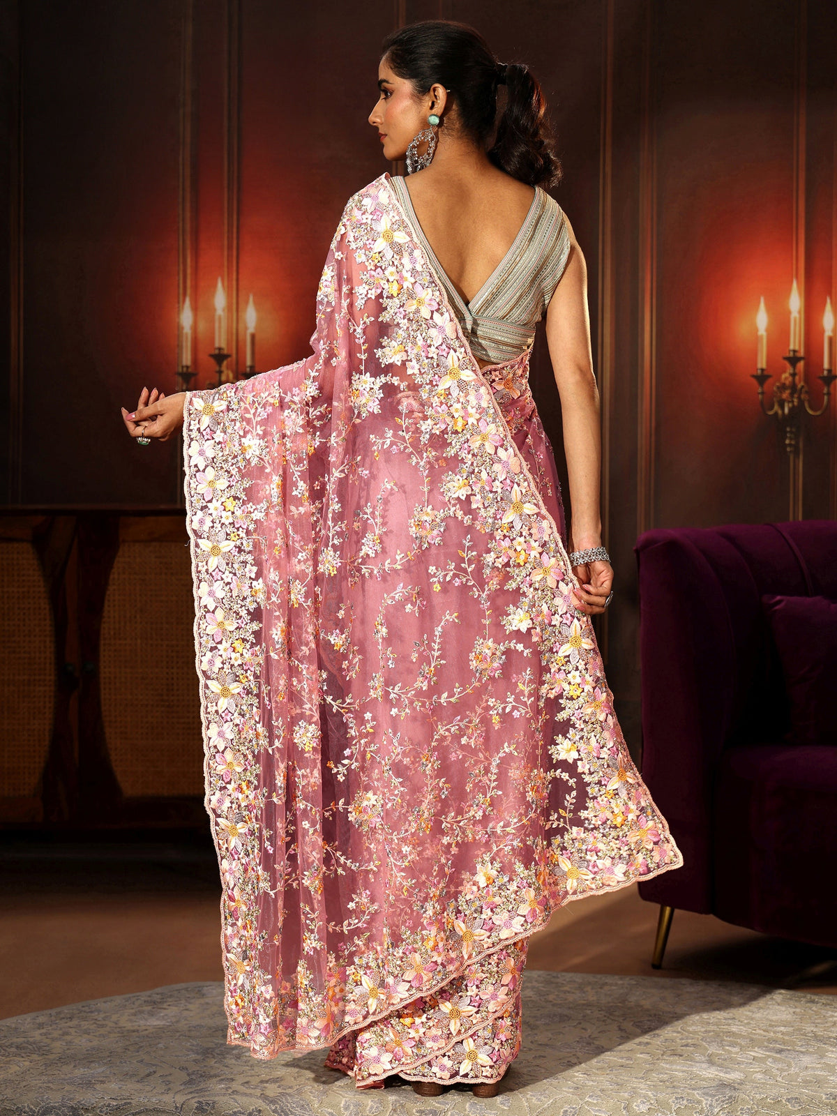 Anouk Art Rose Pink Floral Embroidered Net Saree