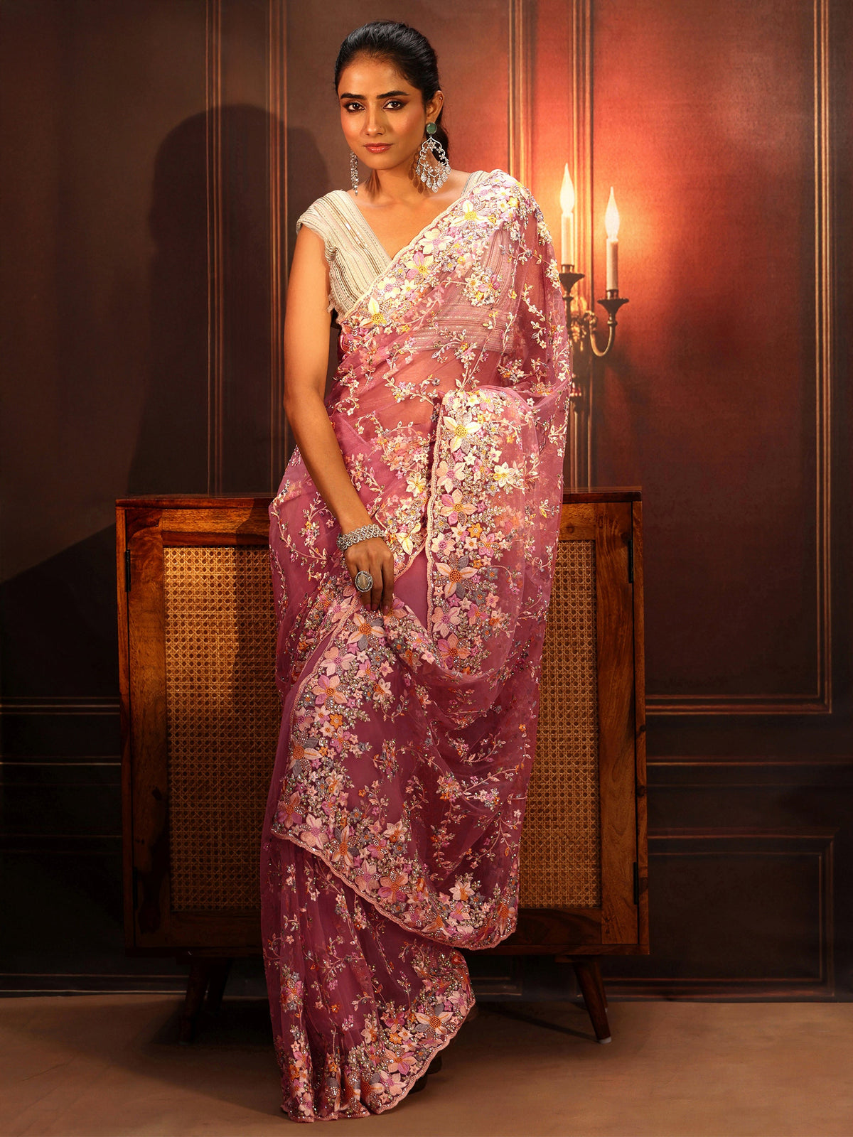 Anouk Art Rose Pink Floral Embroidered Net Saree