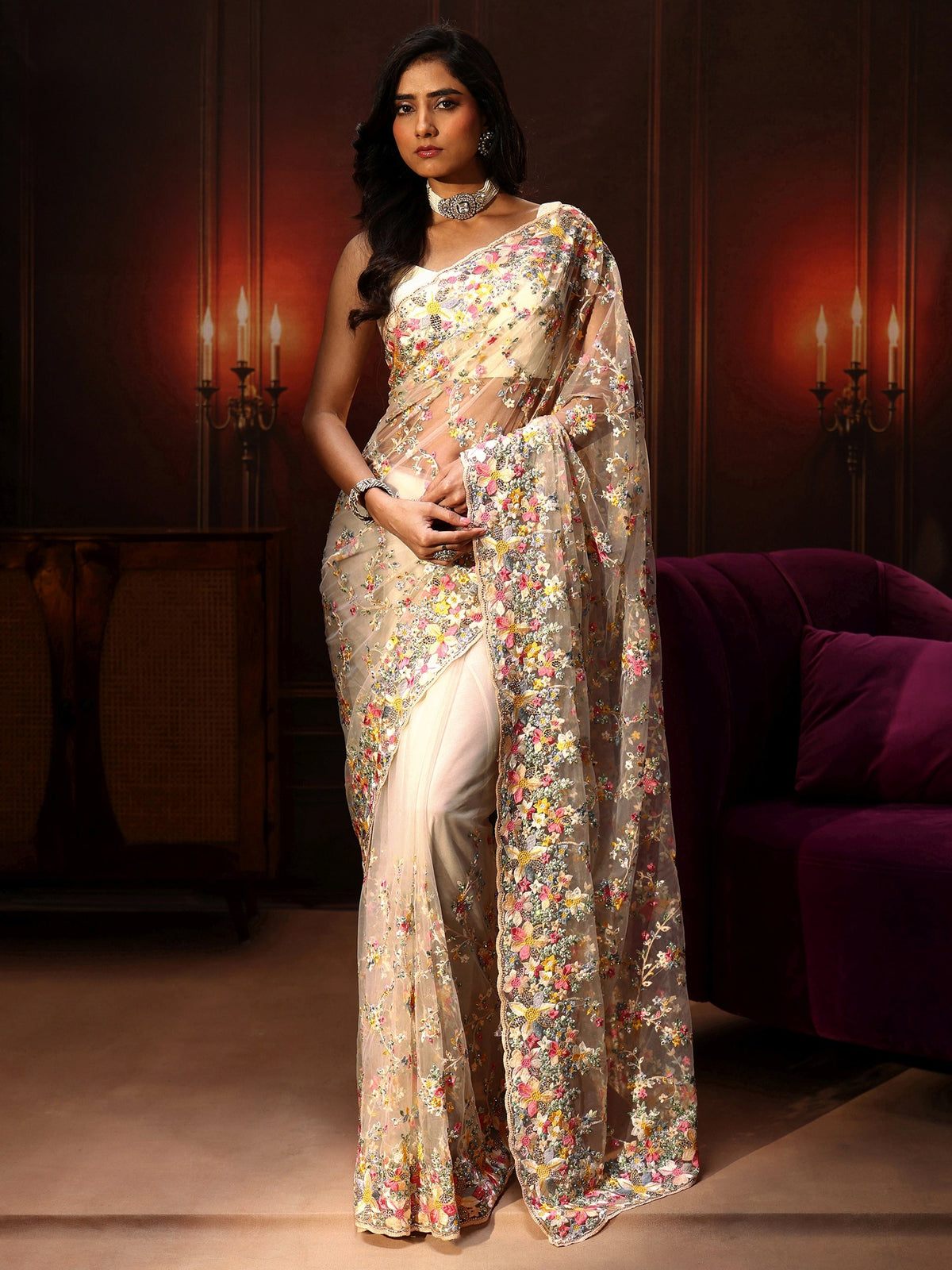 Anouk Art Cream Floral Embroidered Net Saree