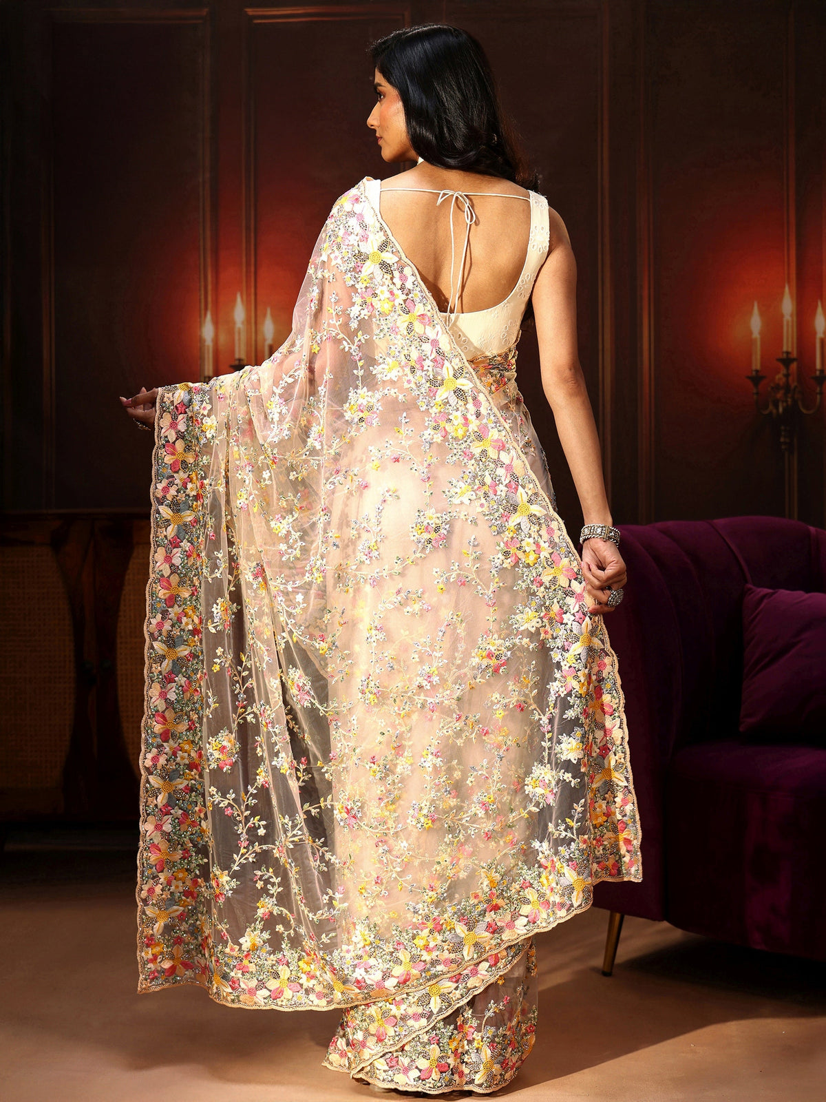 Anouk Art Cream Floral Embroidered Net Saree