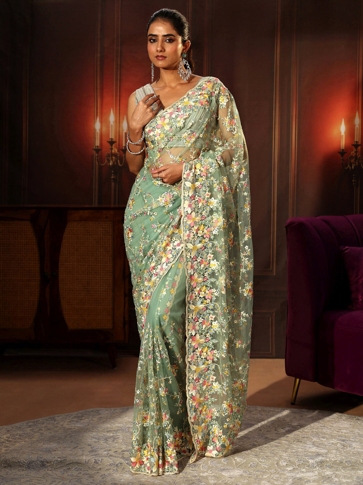 Anouk Art Sea Green Floral Embroidered Net Saree
