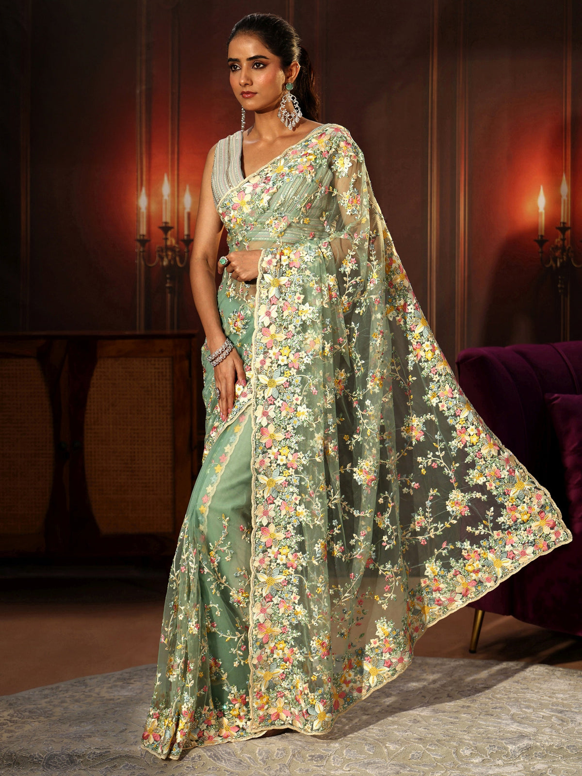 Anouk Art Sea Green Floral Embroidered Net Saree