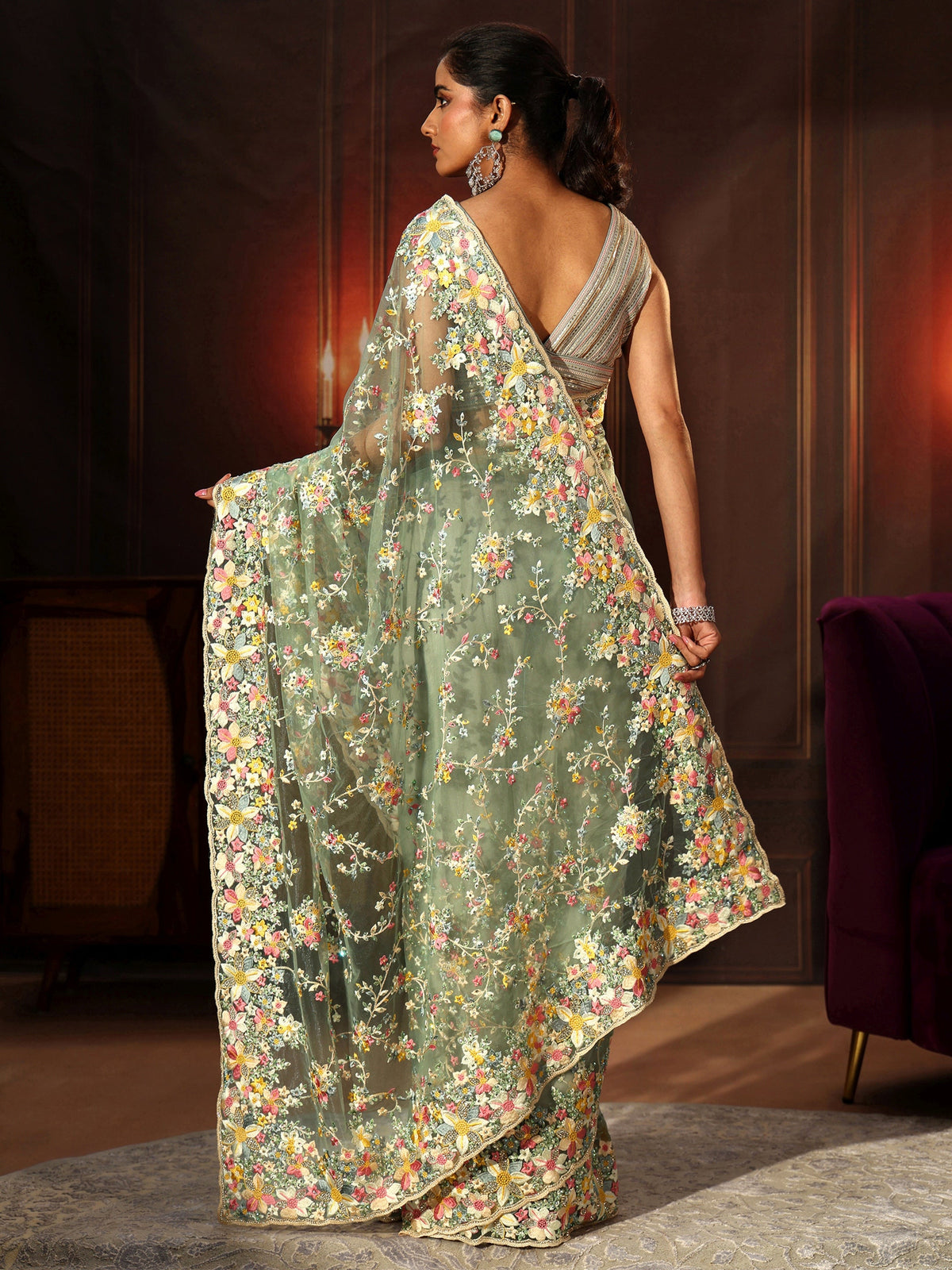 Anouk Art Sea Green Floral Embroidered Net Saree