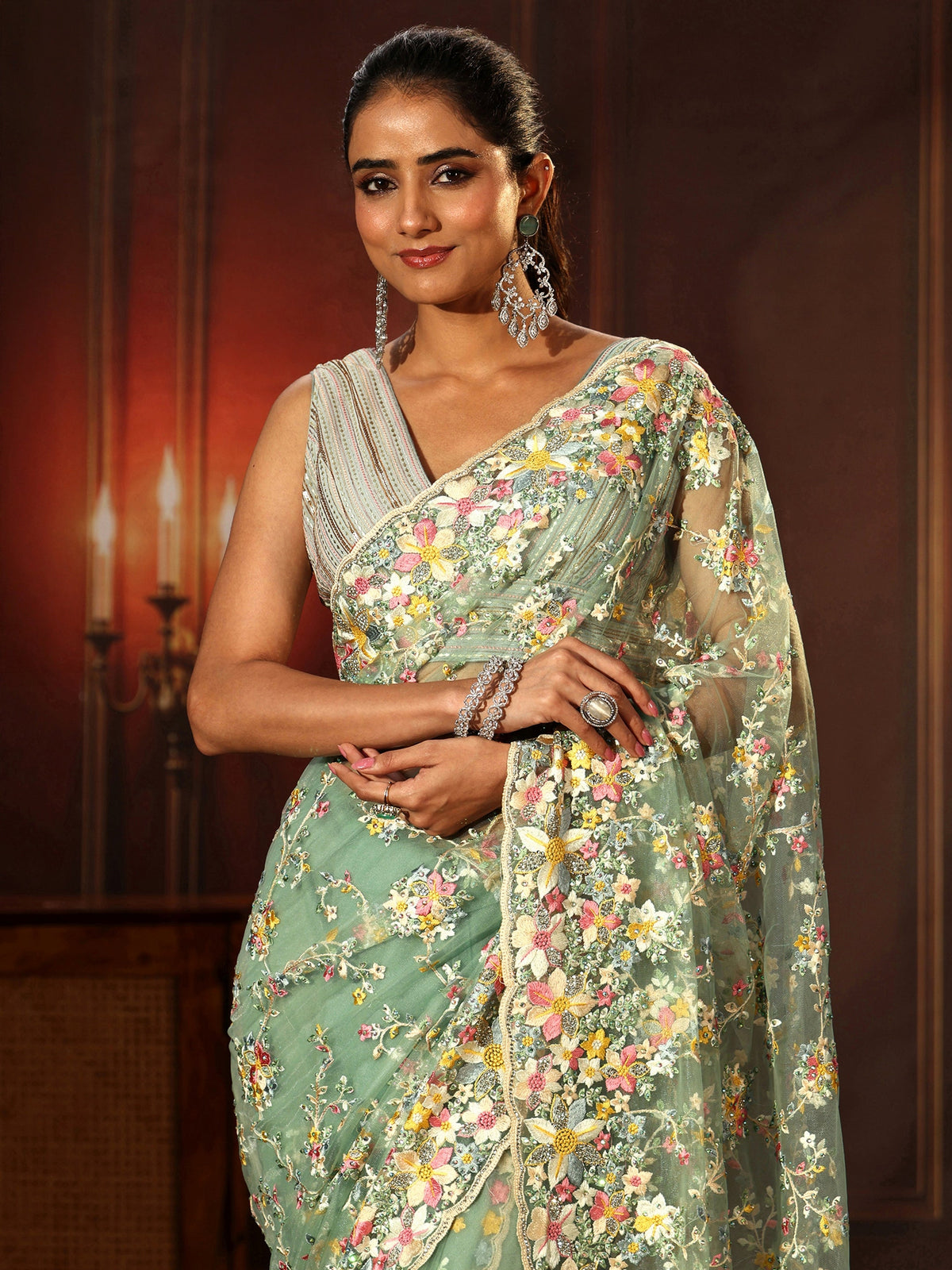 Anouk Art Sea Green Floral Embroidered Net Saree
