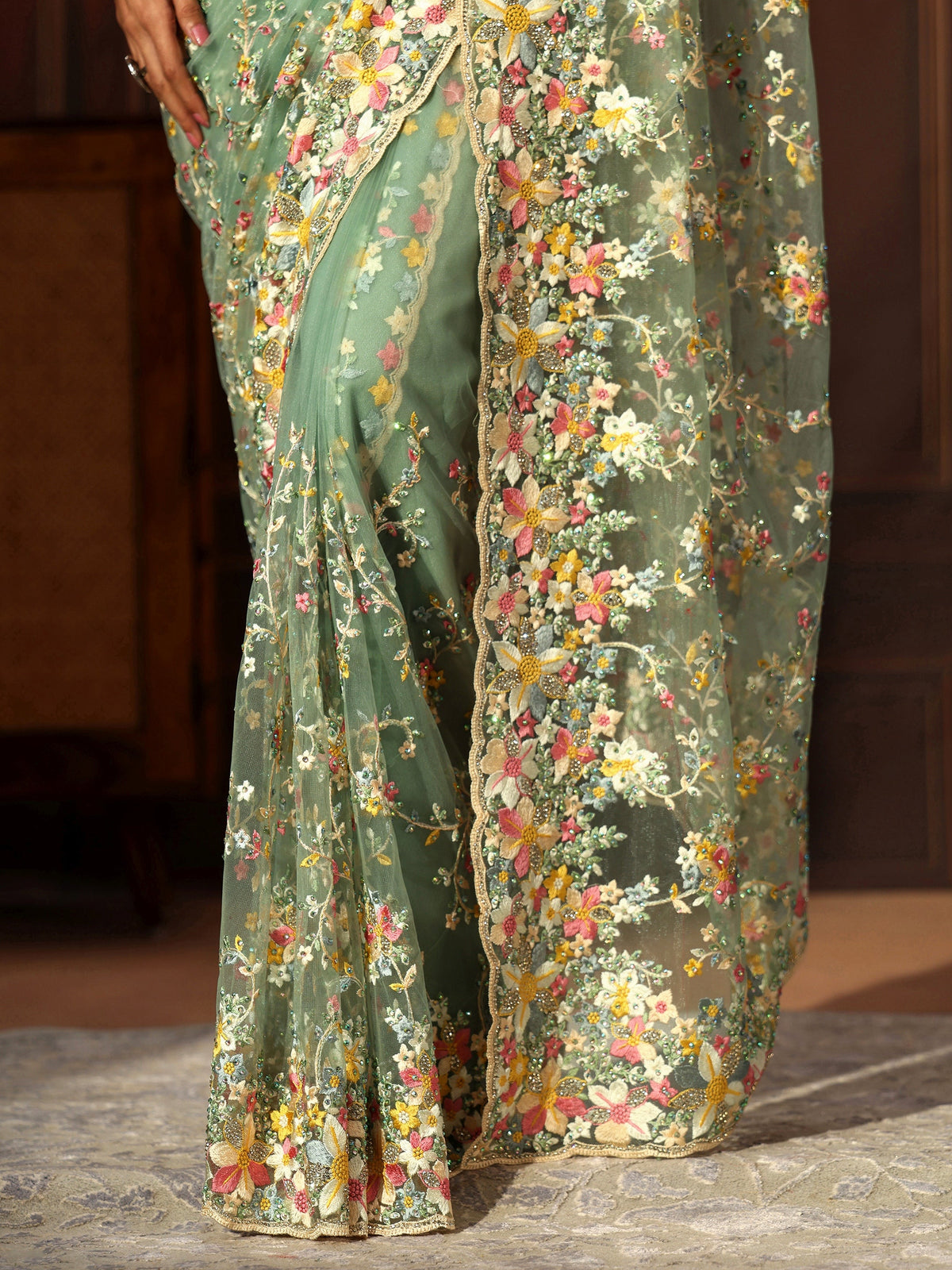 Anouk Art Sea Green Floral Embroidered Net Saree
