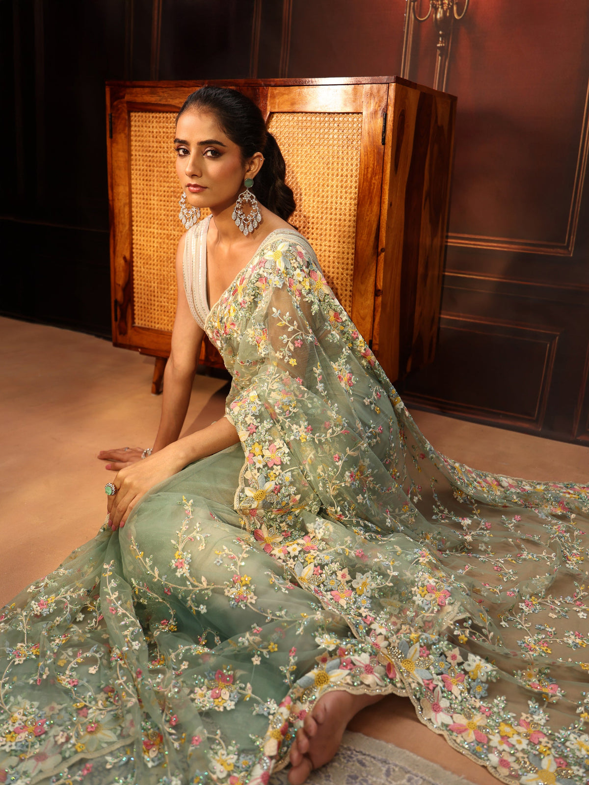 Anouk Art Sea Green Floral Embroidered Net Saree